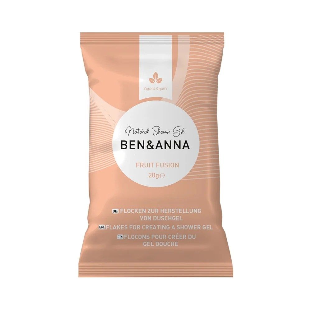 Busta con scritta "BEN&ANNA" e "Fruit Fusion". Contiene scaglie per gel doccia.