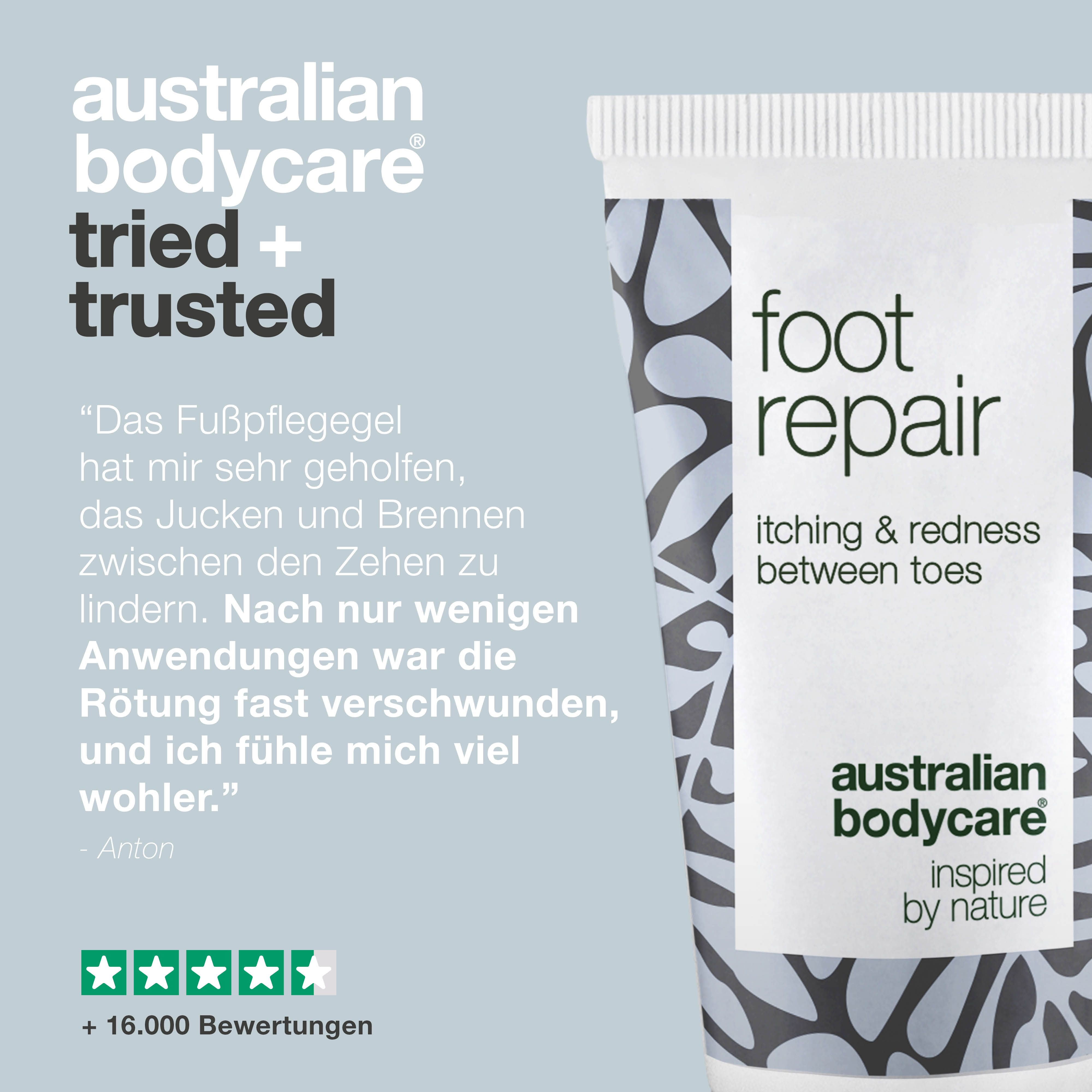 Fußpflege-Tube: foot repair, itching & redness between toes, Australian Bodycare. Text: +16.000 Bewertungen.