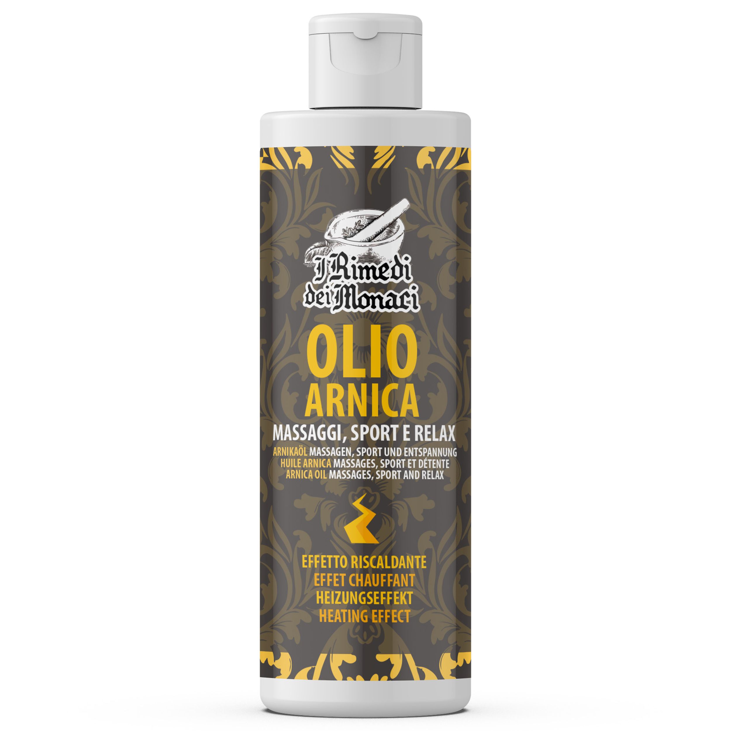 Flasche mit Etikett: IRimediDeiMonaci Arnikaöl. Text: Massaggi, Sport und Entspannung. Heizwirkung. Mehrsprachiger Text.