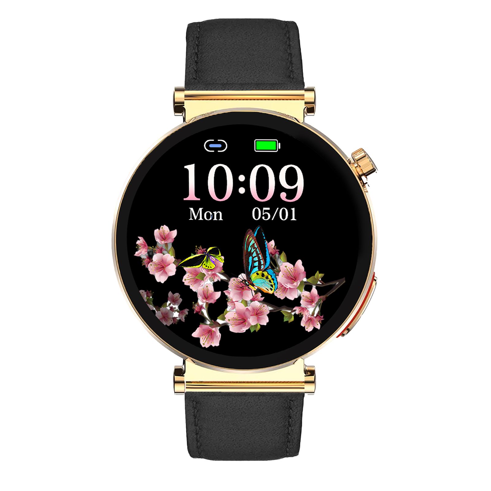 Goldfarbene Smartwatch mit schwarzem Lederarmband. Das Zifferblatt zeigt Zeit, Datum und ein Blumen- und Schmetterlingsmotiv.