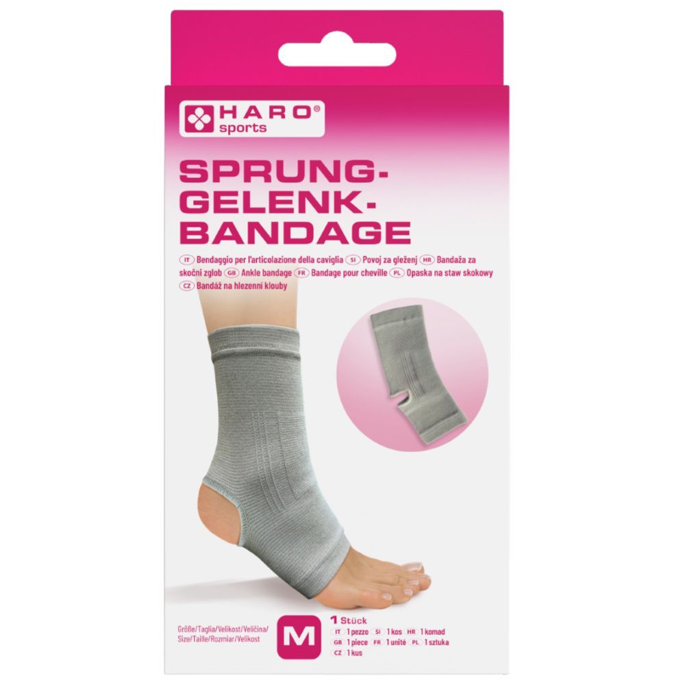 Haro Sprunggelenkbandage in Verpackung. Graue Bandage am Fuß, daneben Abbildung der Bandage. Rosa Verpackung mit Produktnamen.