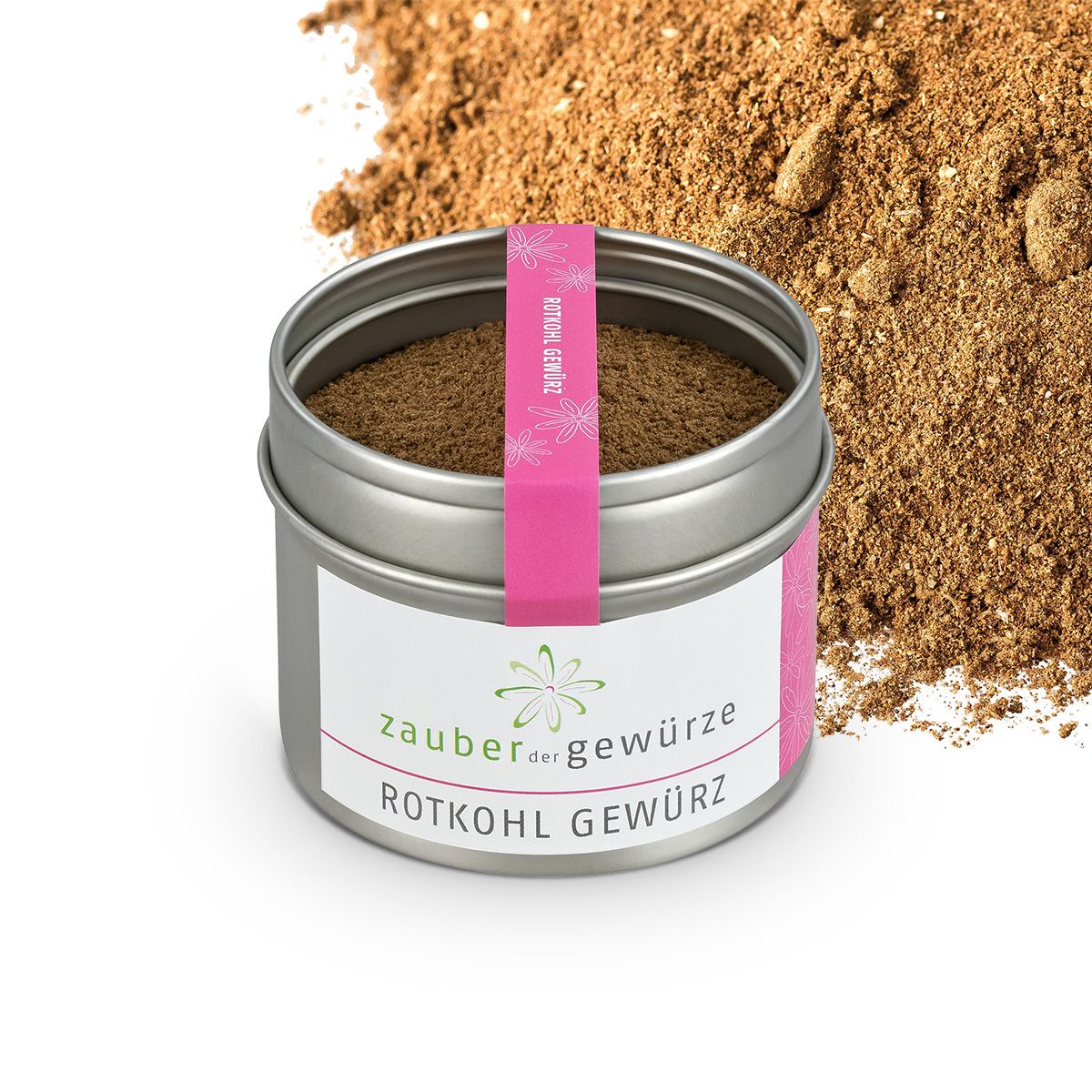 Runde Dose mit Gewürzmischung. Weißes Etikett mit Schriftzug: Zauber der Gewürze Rotkohl Gewürz. Rosa Band. Gewürz daneben.