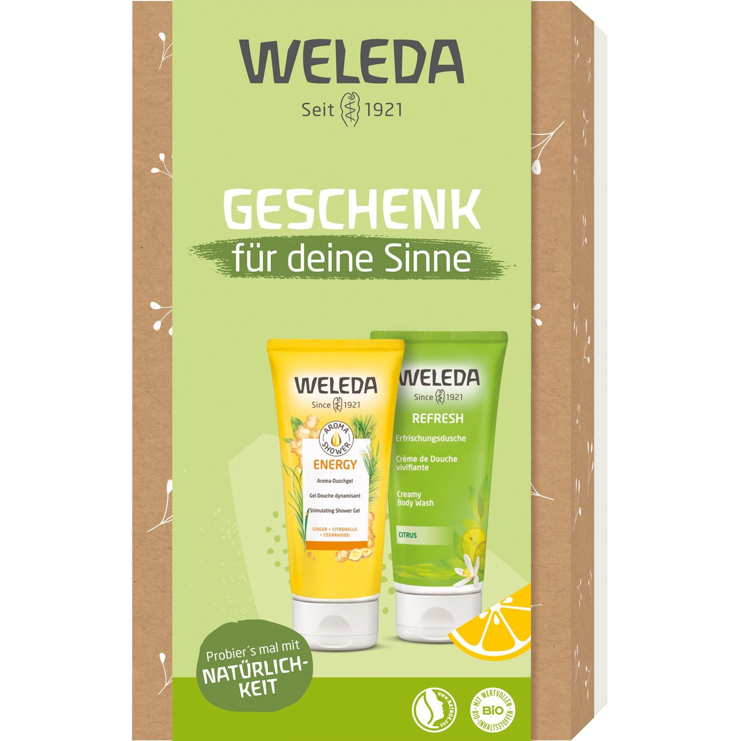 Weleda Geschenkset. Karton mit zwei Tuben: Energy und Refresh. Aufschrift: Geschenk für deine Sinne. Bio-Zertifizierung.