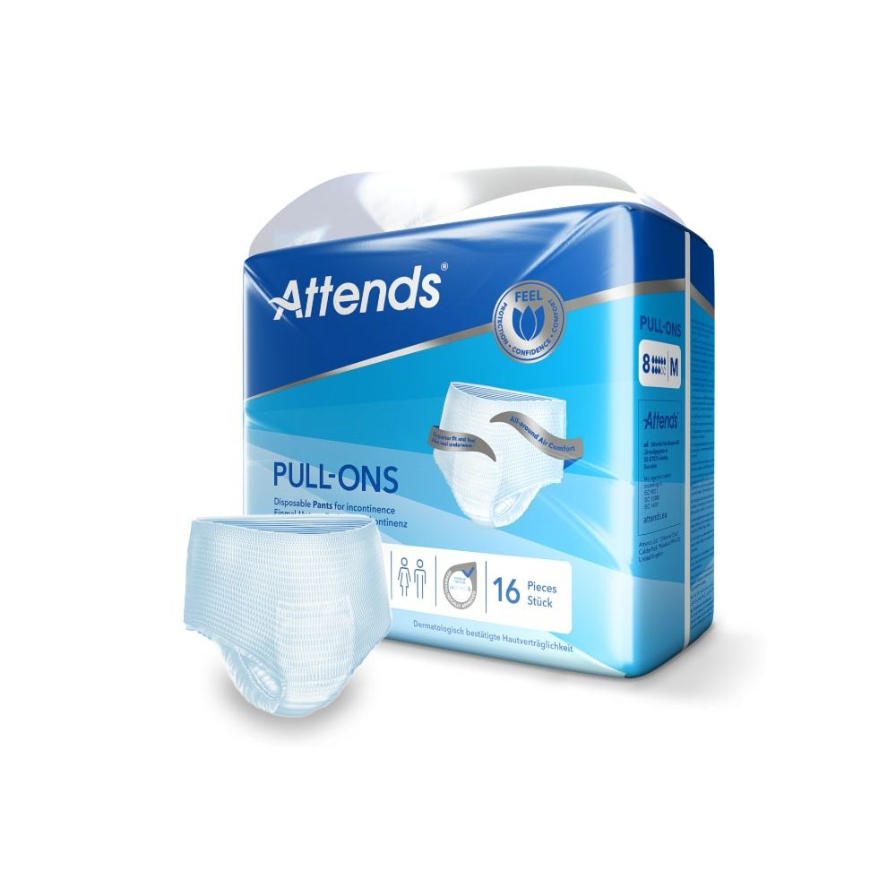Attends® Pull-Ons M Einmalhosen in Verpackung. 16 Stück. Blaue Verpackung mit Produktabbildung und Logo. Saugstärke 8 Tropfen.