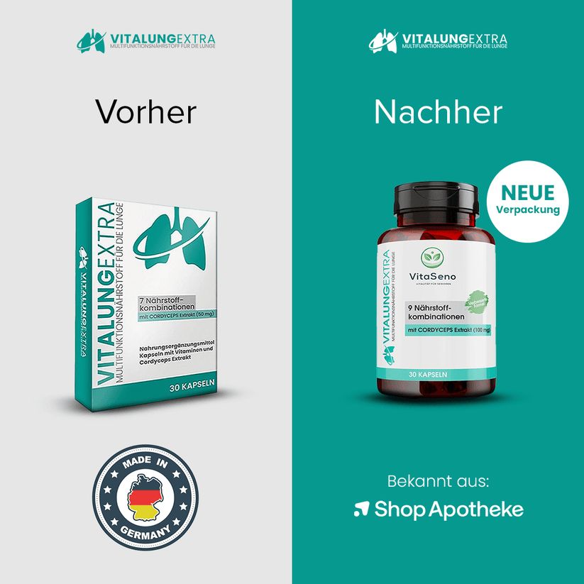 Vergleich: Vorher-Packung und Nachher-Flasche. Beide mit VitalungExtra-Logo. Text: Neue Verpackung. Bekannt aus Shop Apotheke. Made in Germany.