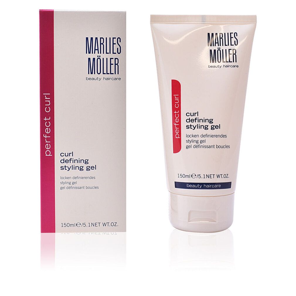 Produktverpackung mit Tube und Karton. Tube: weiß, Text. Karton: weiß, Text, rosa Streifen. 'curl defining styling gel'.