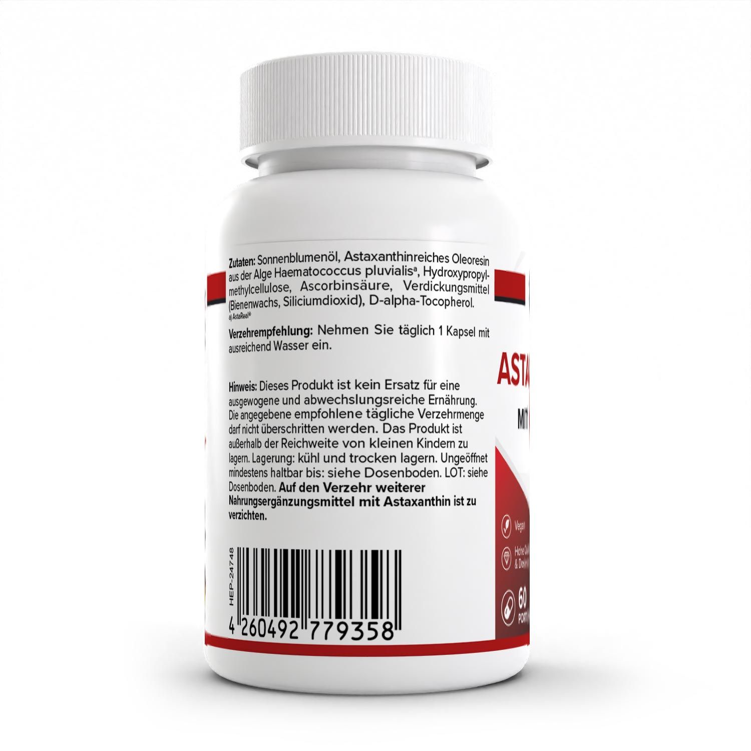 Rückseite der weißen Flasche. Aufschrift: Zutaten, Verzehrempfehlung. 60 Kapseln. Barcode. Health+.