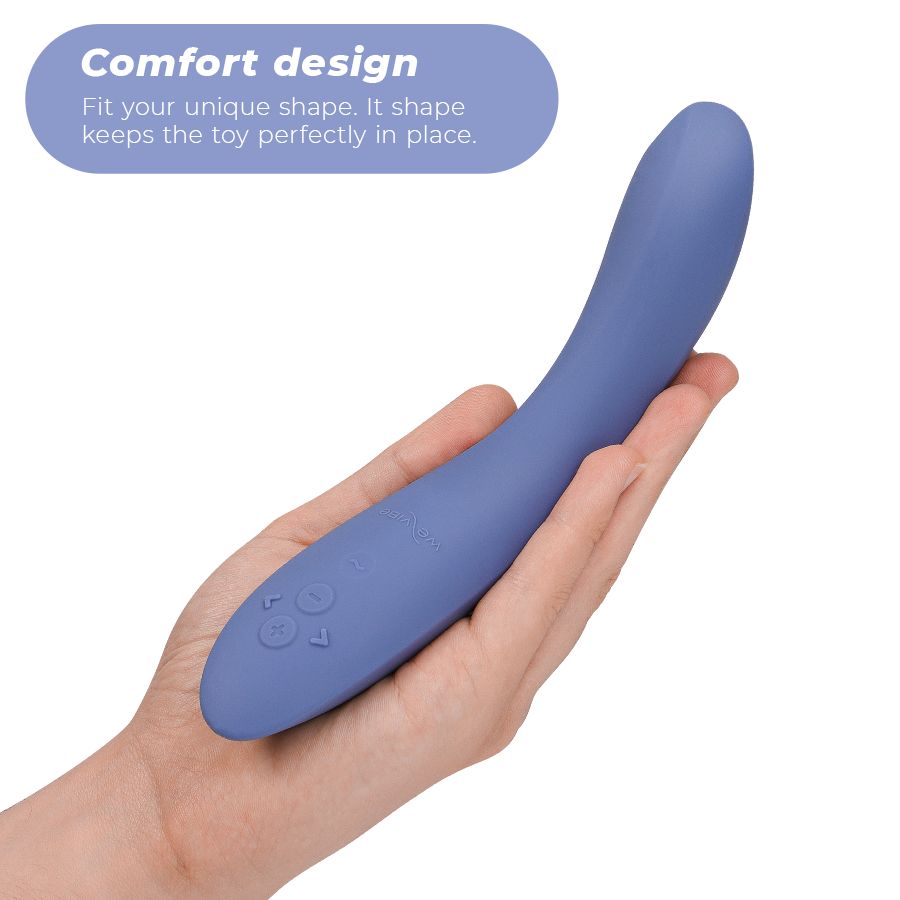 Blaues Vibrationsgerät in einer Hand gehalten. Text: "Comfort design".