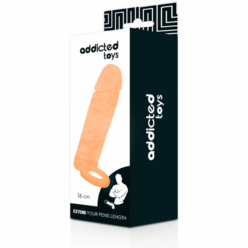 Verpackung mit Produkt. Aufschrift "Addicted Toys", "Extend Your Penis Length 16 cm". Produkt in Hautfarbe, mit Ring.