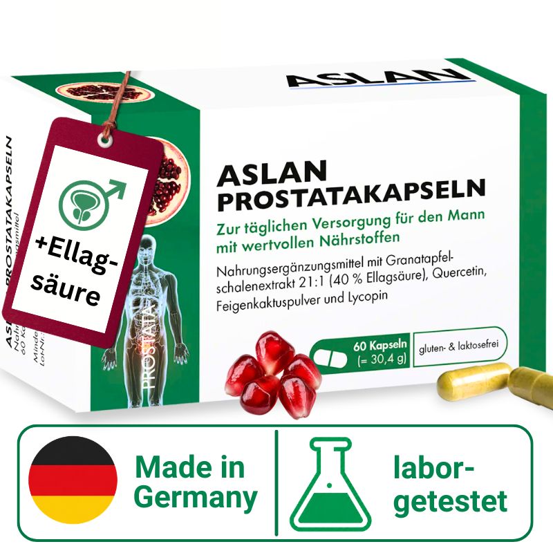 ASLAN Prostata-Kapseln Verpackung mit Granatapfel, Mann-Symbol und Siegeln.