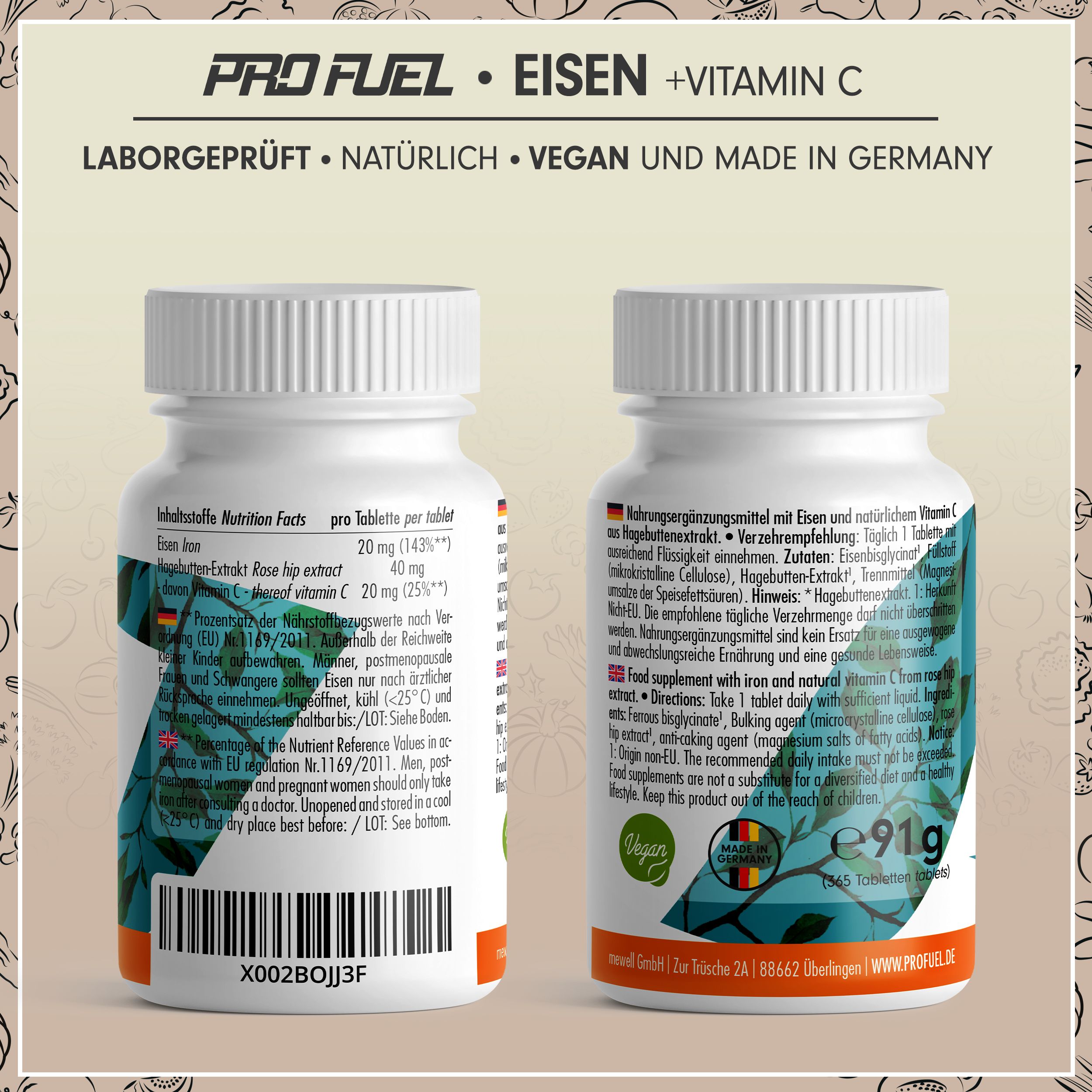 ProFuel - Eisentabletten mit 20 mg Eisen + Vitamin C (20mg) aus Hagebutten