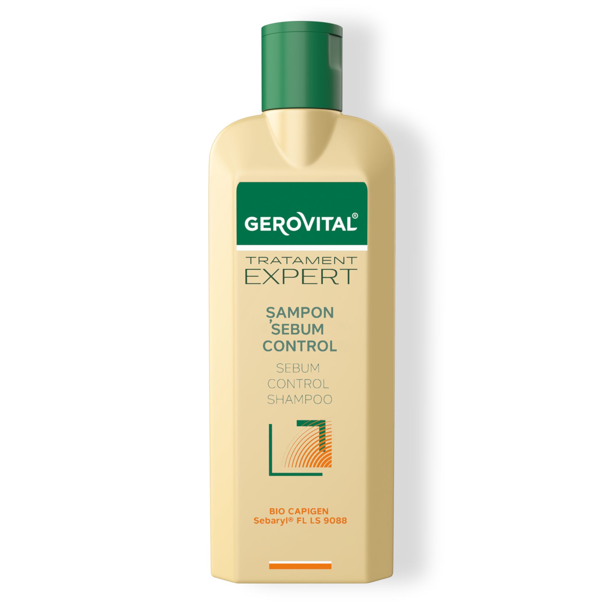 Beige Shampoo-Flasche mit grünem Deckel. Beschriftung: Gerovital, Tratament Expert, Sebum Control Shampoo.