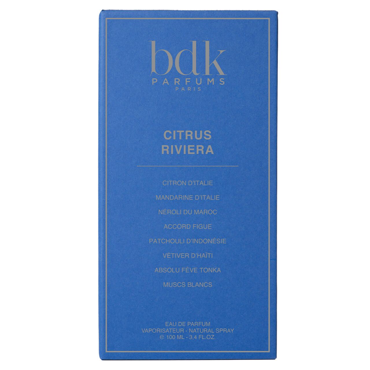 Blaue rechteckige Verpackung mit Text. Text: "bdk Parfums", "Citrus Riviera", Inhaltsstoffe. Unten: "Eau de Parfum".
