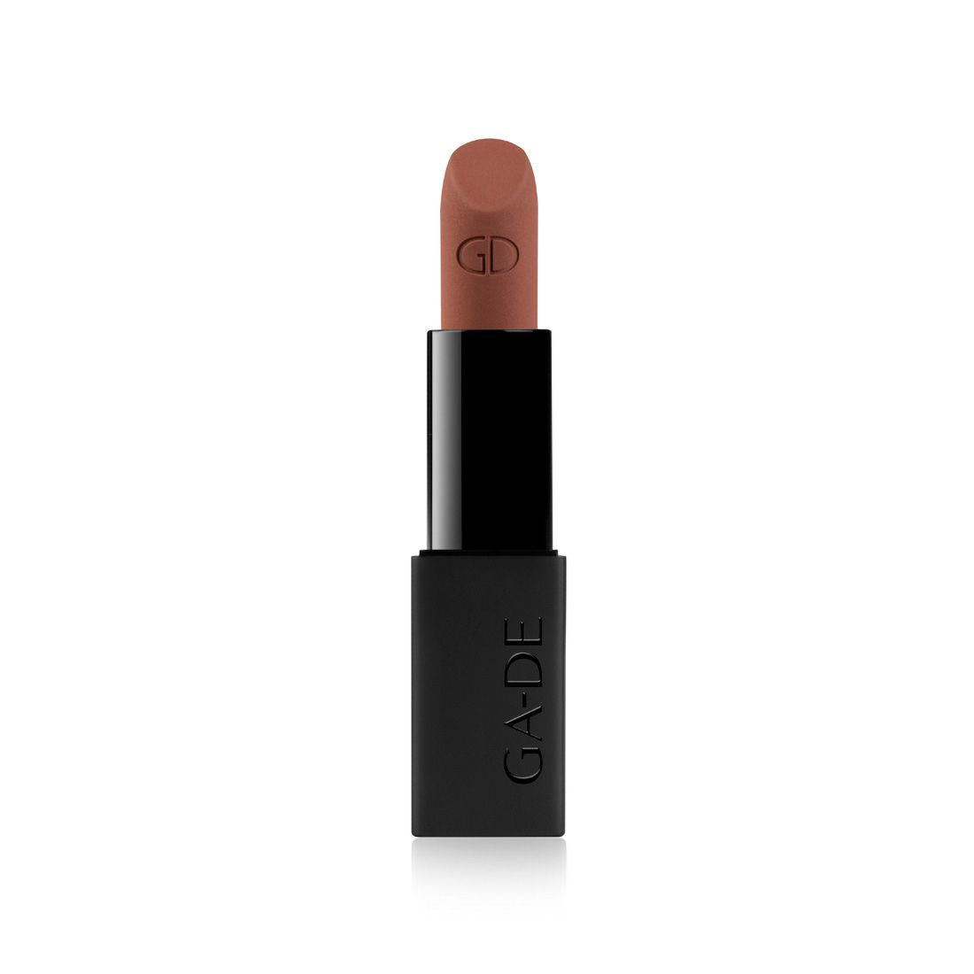 Lippenstift mit brauner Spitze und schwarzem Gehäuse. Auf dem Lippenstift ist das Logo GD eingeprägt. Auf dem Gehäuse steht GA-DE.