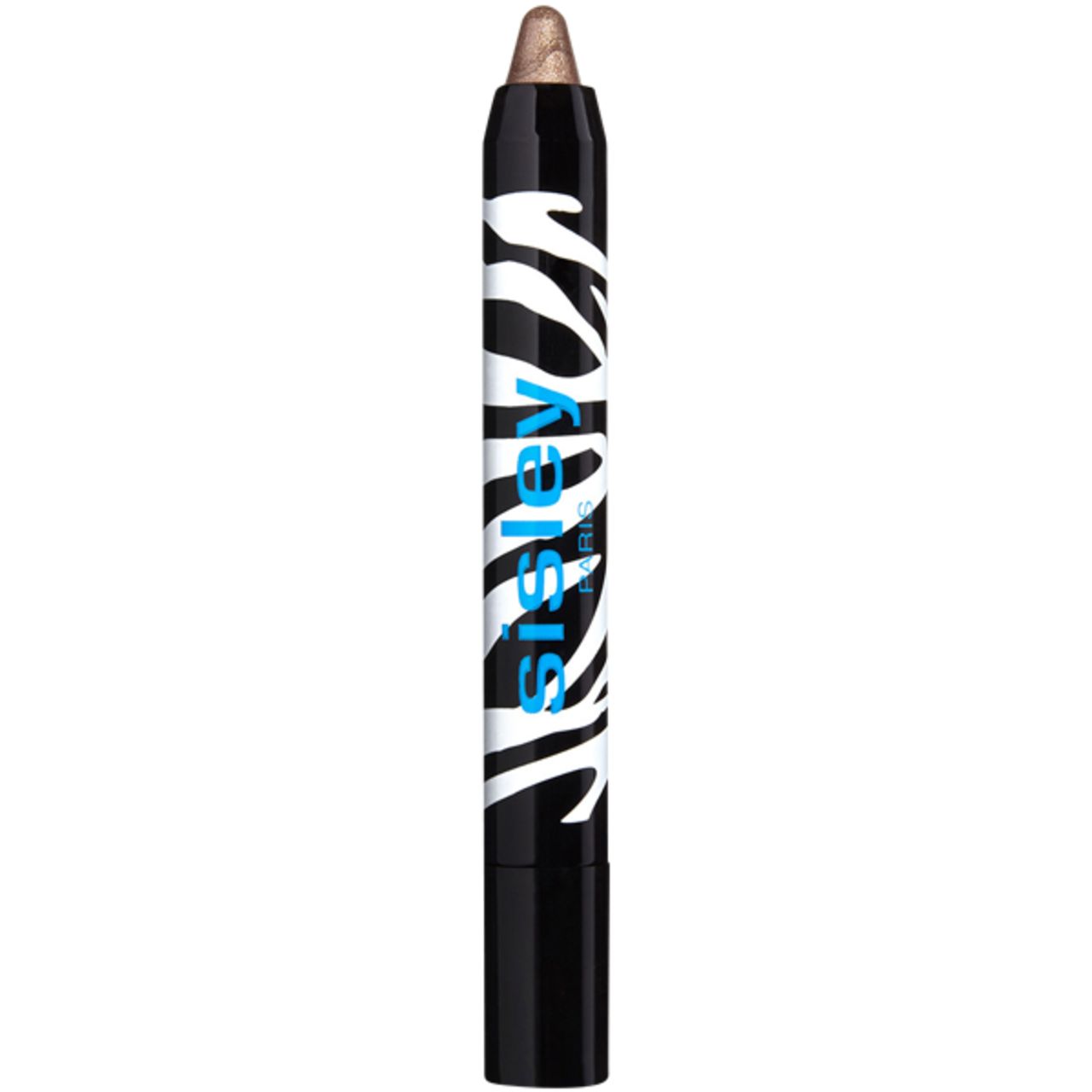Goldfarbener Augenstift mit schwarzem Zebra-Muster. Blaue Schrift: Sisley. Spitze sichtbar.