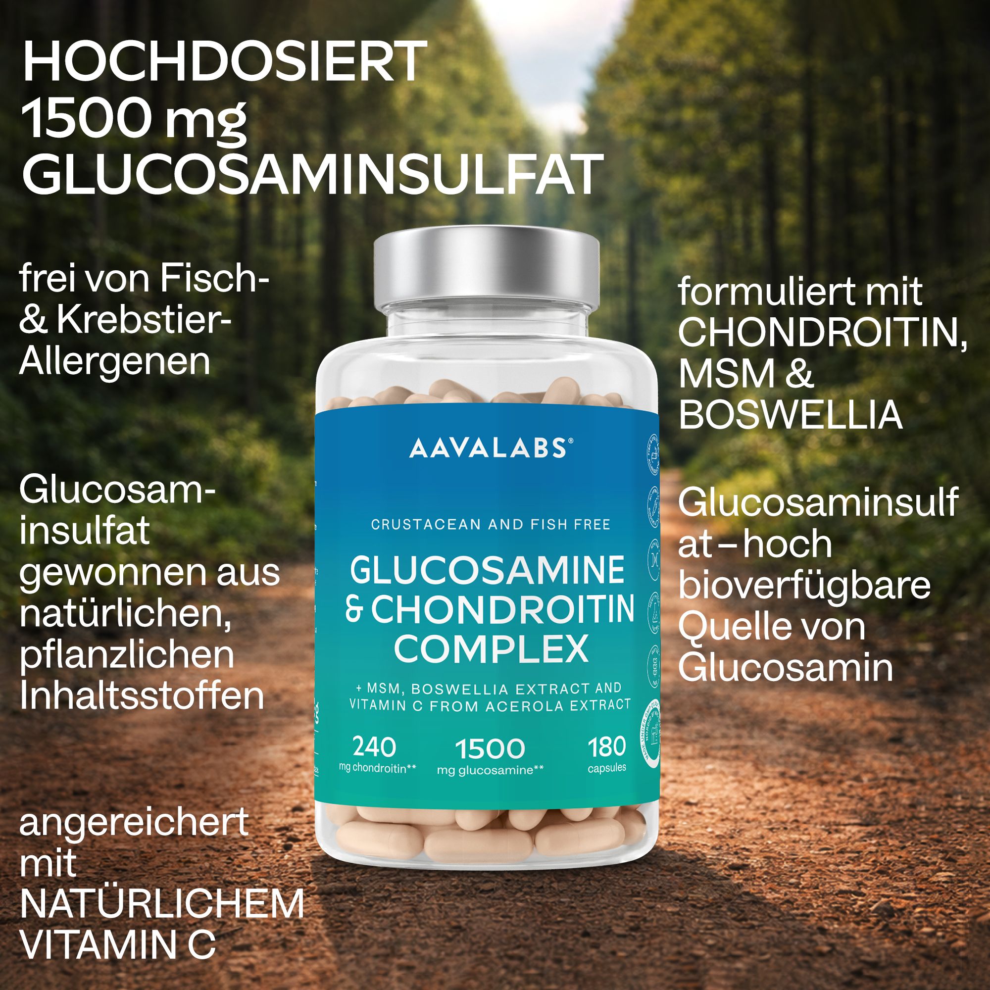 Flasche mit Kapseln vor Naturkulisse. Blau-weißes Etikett. Text und Produktinformationen.