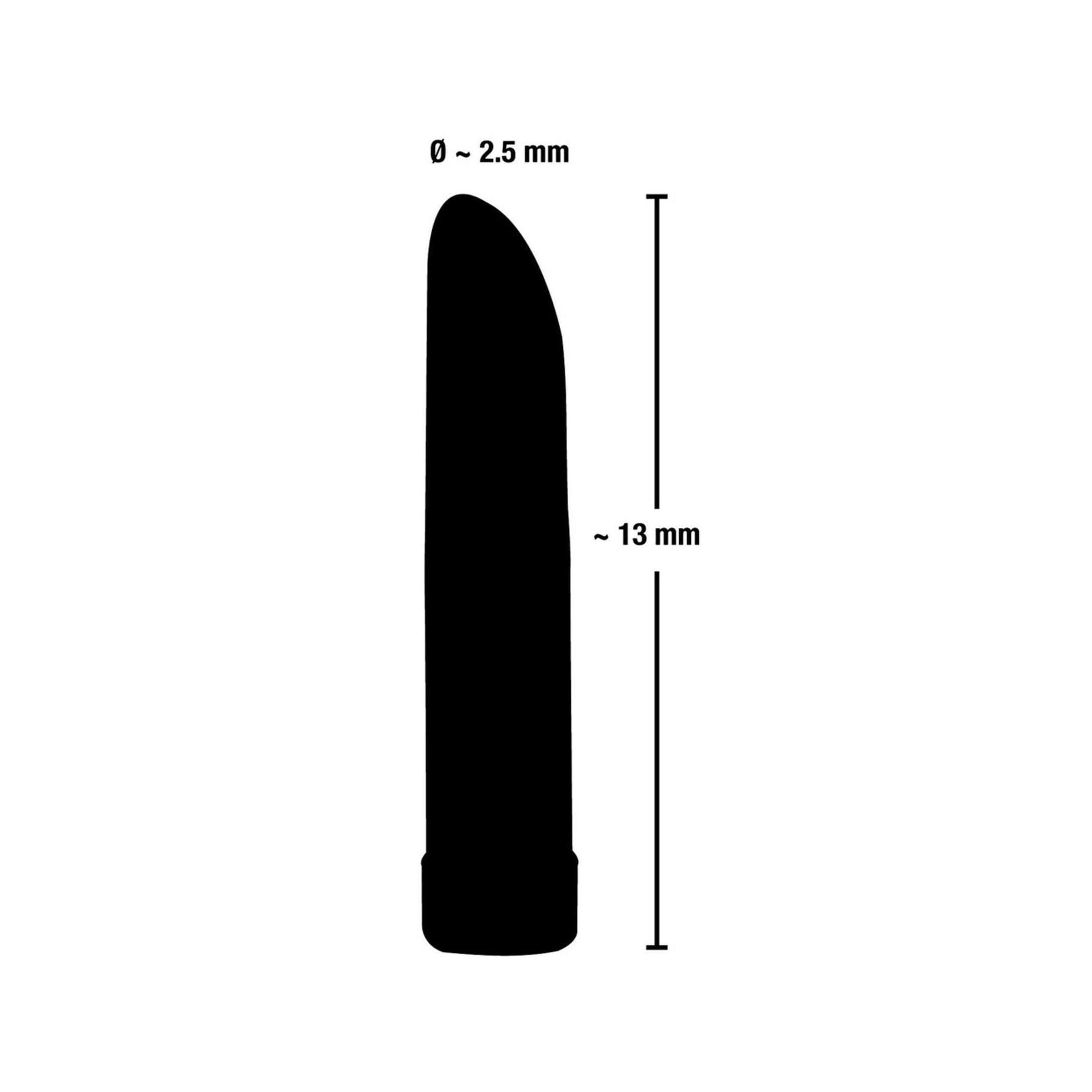 Schwarz-weiß Silhouette eines Vibrators. Maße: ca. 13 mm lang, 2,5 mm Durchmesser.