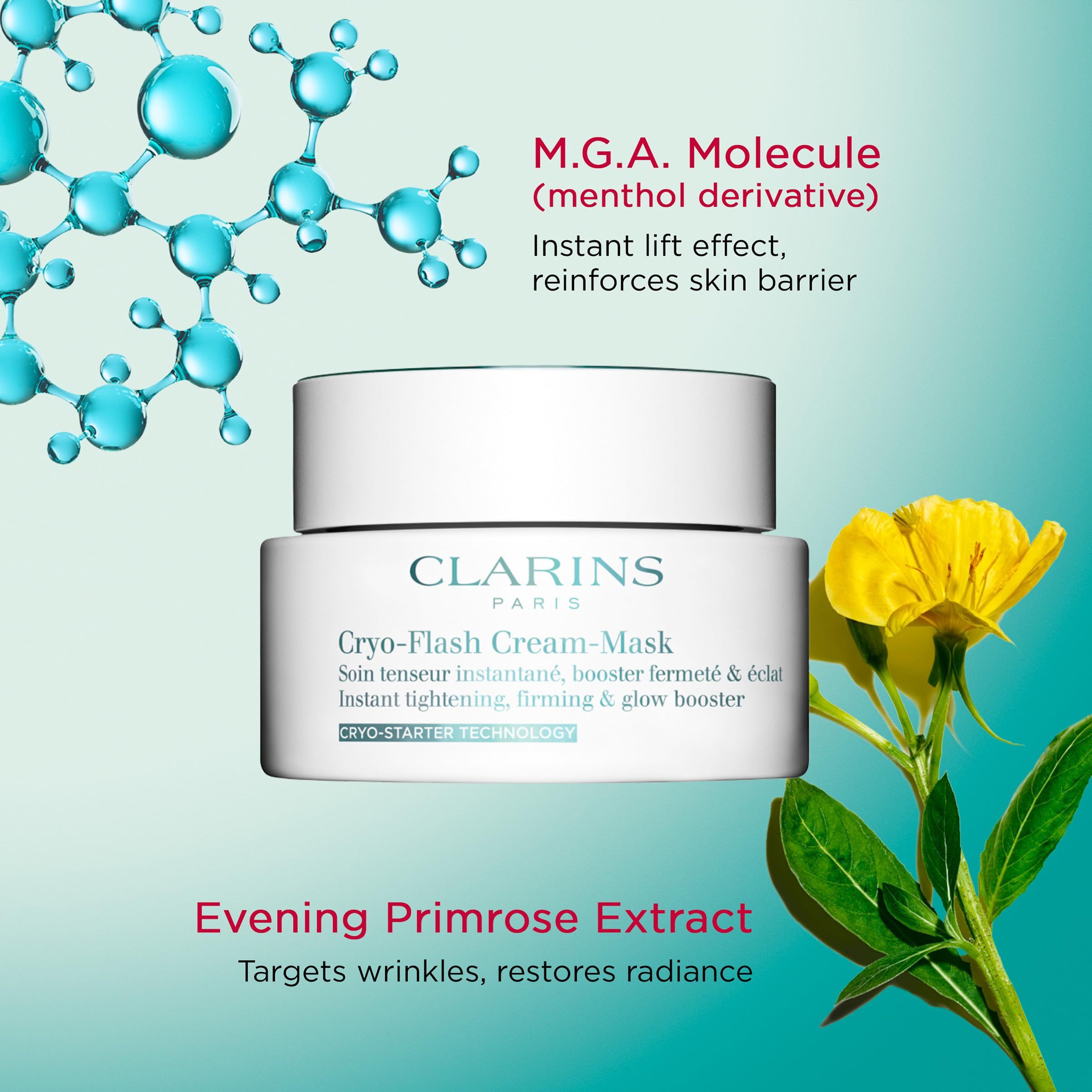 Weißer Tiegel mit Deckel. Aufschrift: Clarins, Cryo-Flash Cream-Mask. Text: Instant tightening, firming & glow booster. Grafik.