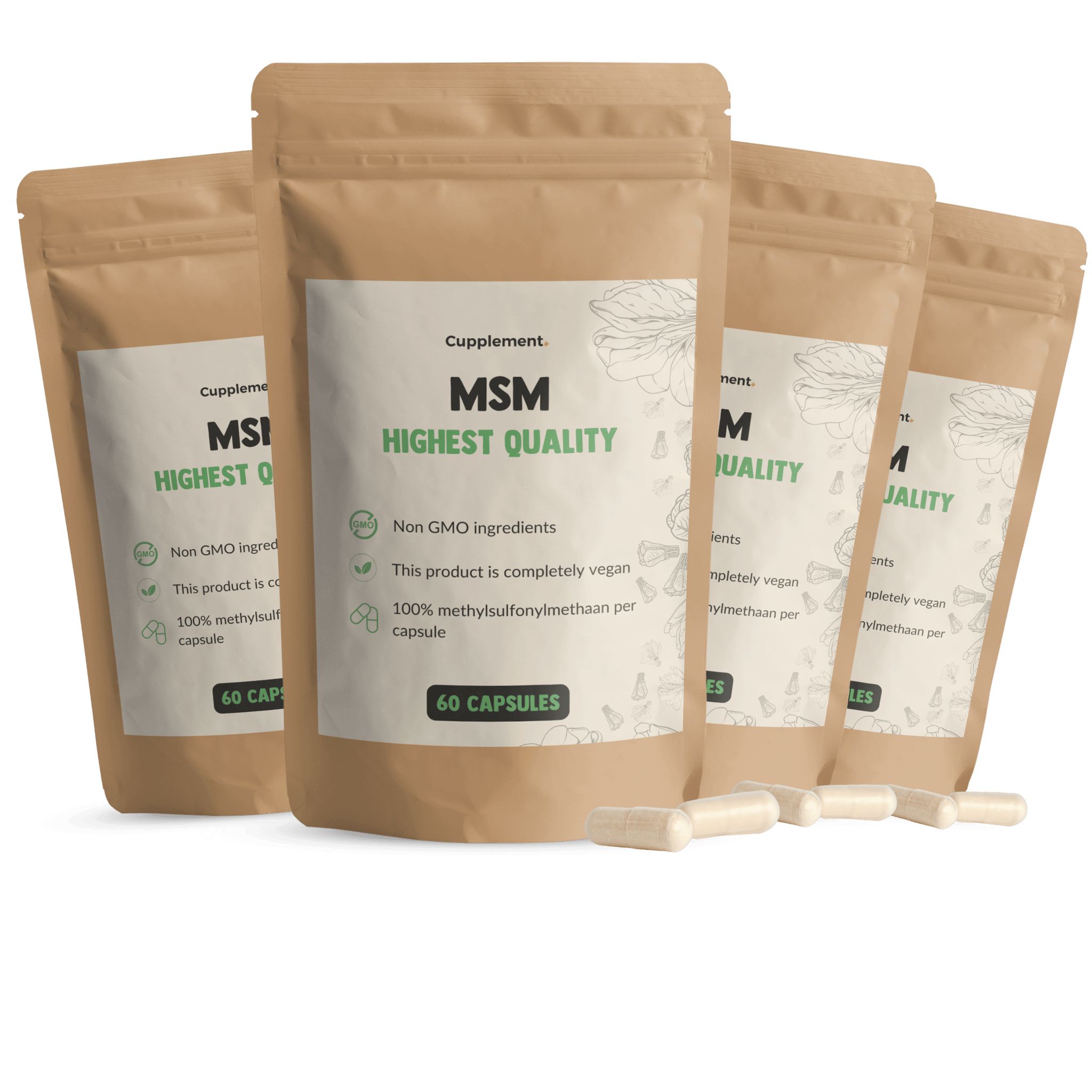 Mehrere Beutel mit Kapseln. Aufschrift: MSM Highest Quality. 60 Kapseln. Vegan, ohne GVO.