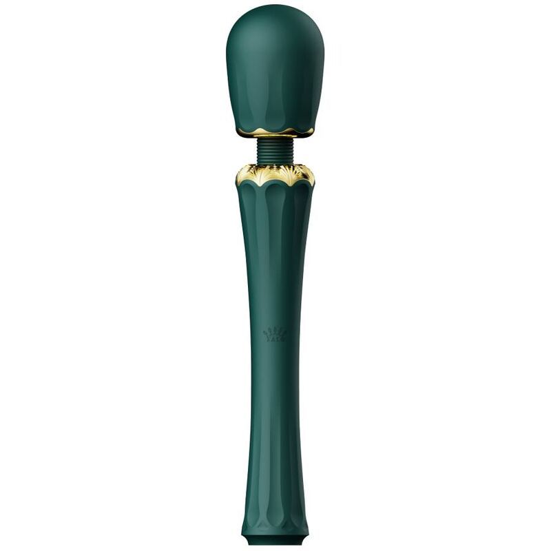 Dunkelgrüner Stabvibrator. Goldfarbene Akzente. Geformte Oberfläche. Drei Knöpfe. Zalo-Logo.