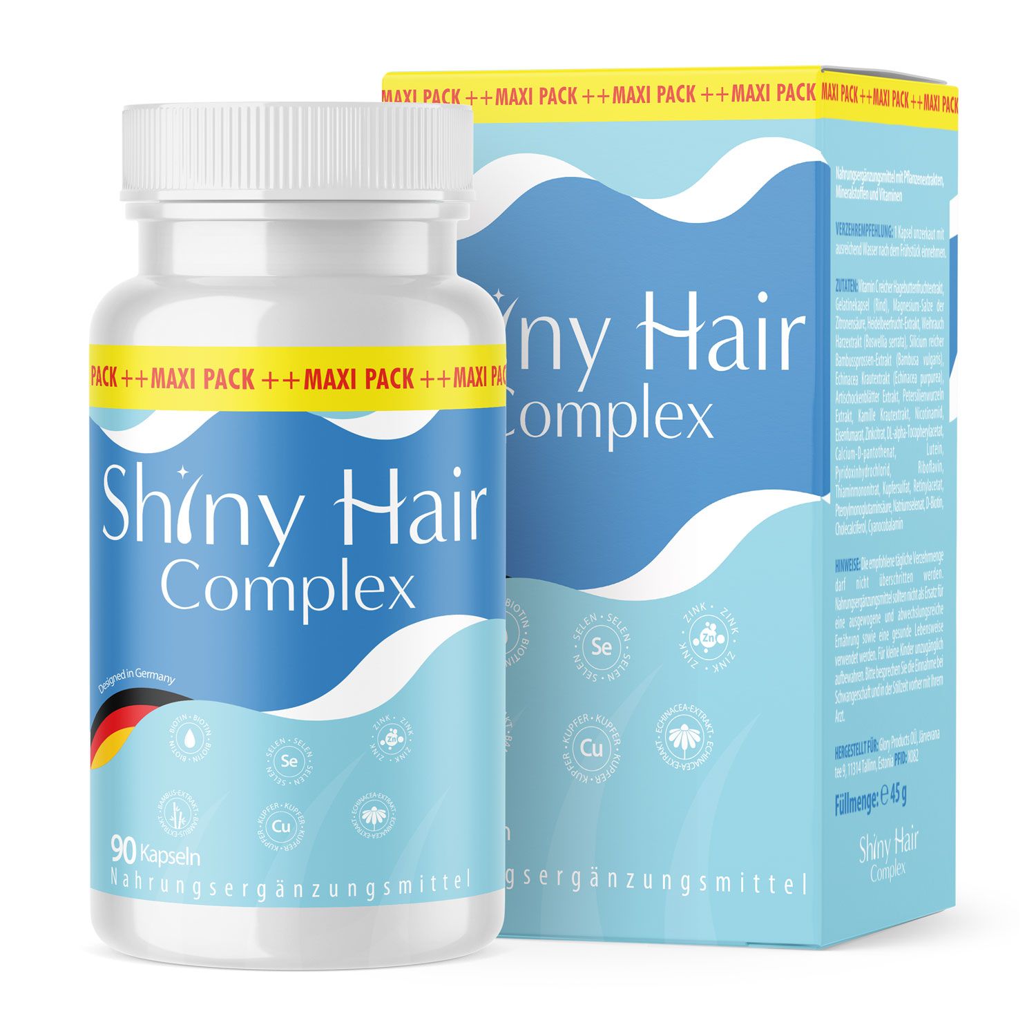 Weiße Kapsel-Flasche mit blauem Etikett. Aufschrift: Shiny Hair Complex. Nebenverpackung mit Produktinformationen.