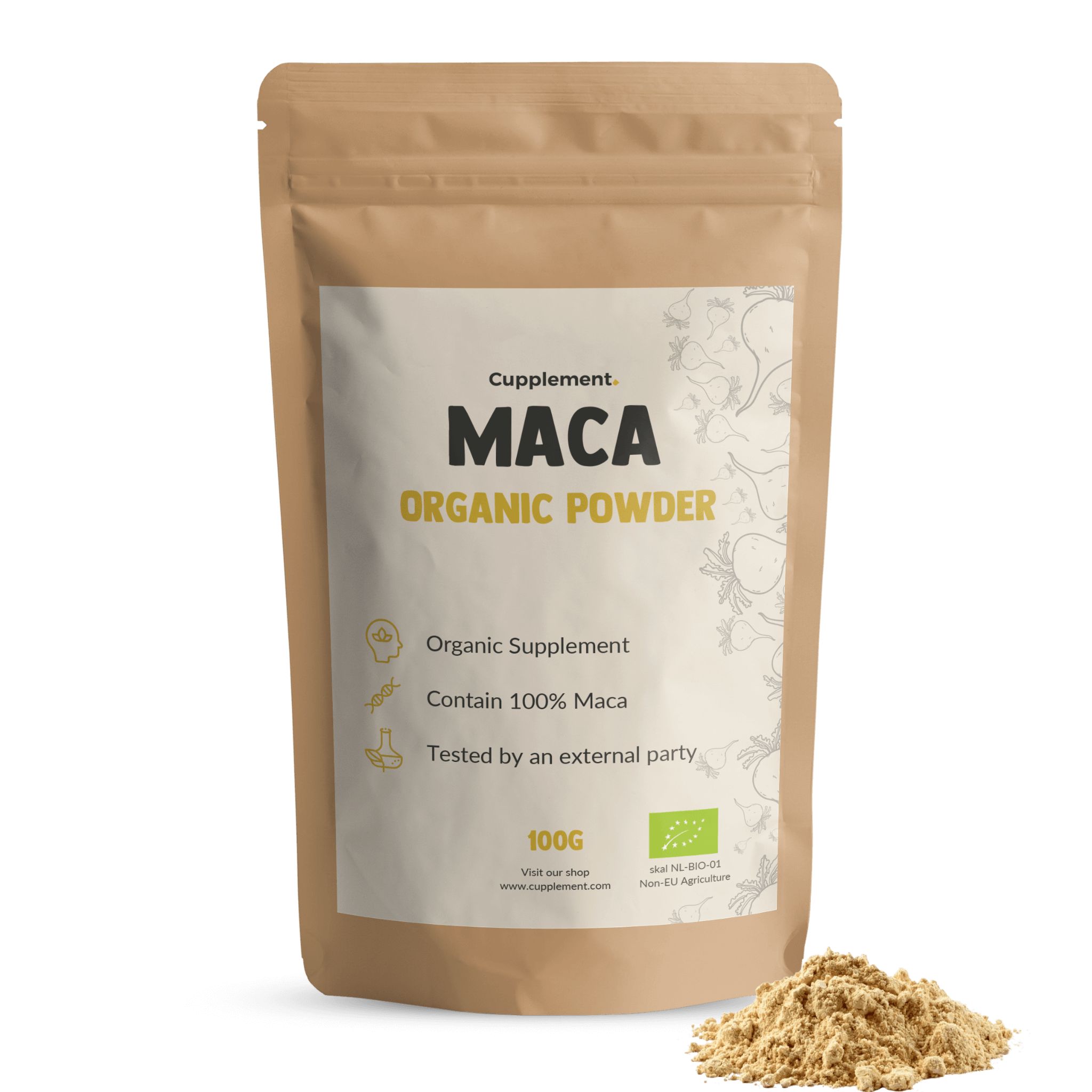Beutel mit Aufschrift: Cupplement Maca Organic Powder. Bio-Siegel. 100g. Haufen Pulver daneben.