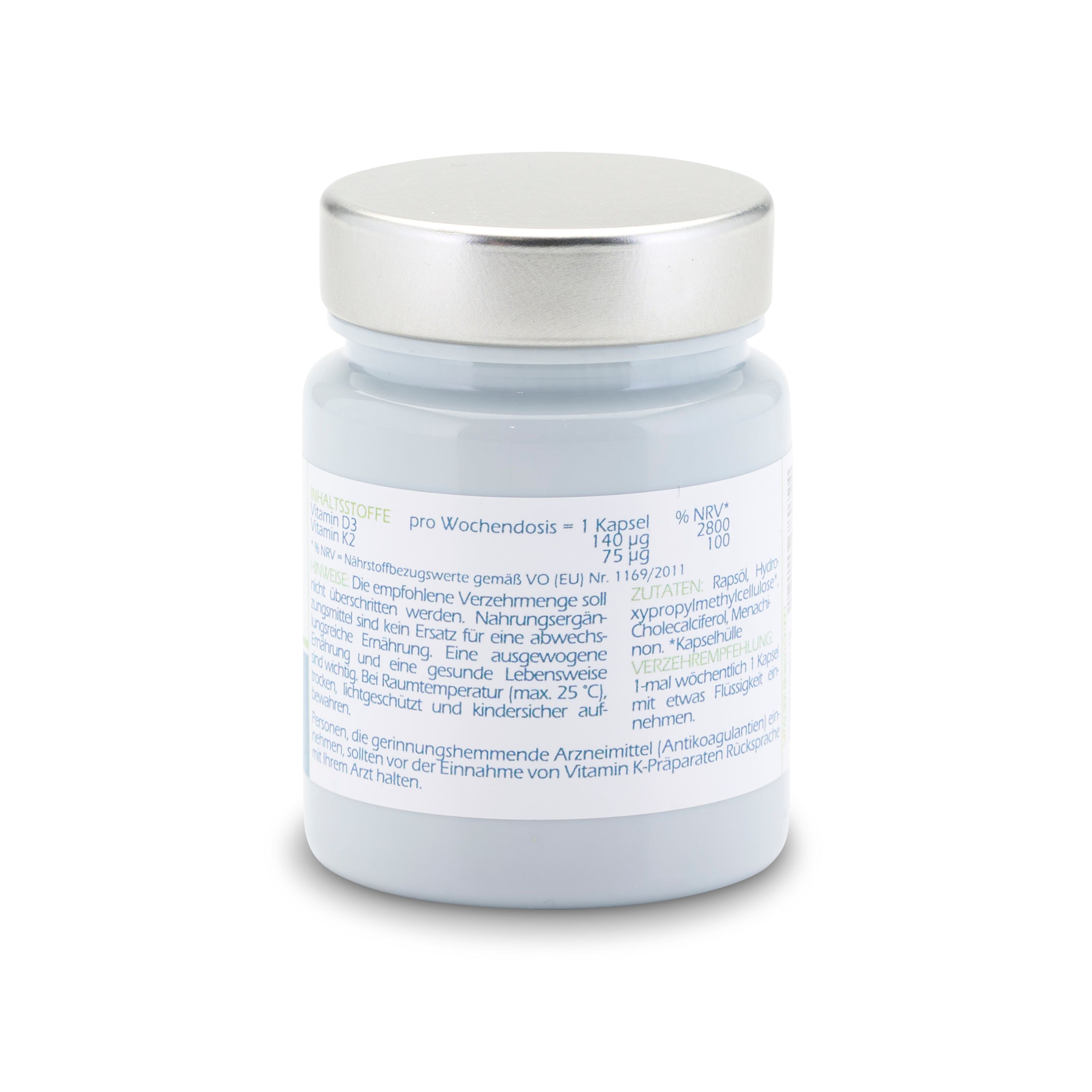 Rückansicht der grauen Flasche mit silbernem Deckel. Etikett mit Text.