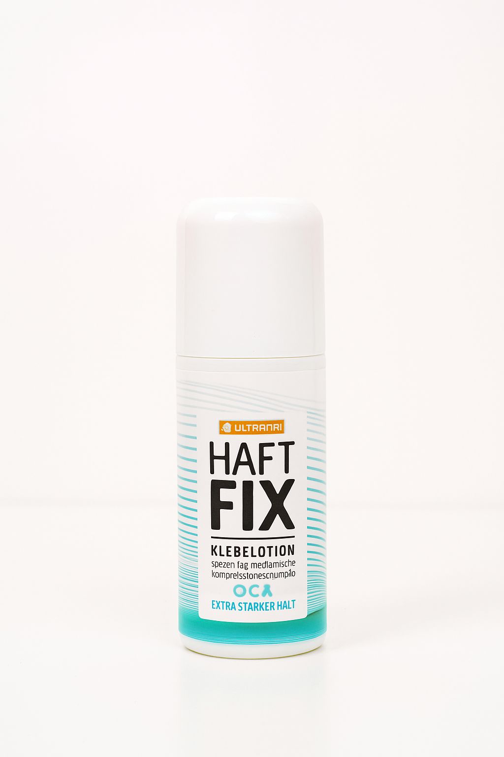 Weiße Flasche mit blauer und schwarzer Schrift. Aufschrift: HAFT FIX, Klebelotion, OCA, Extra starker Halt.