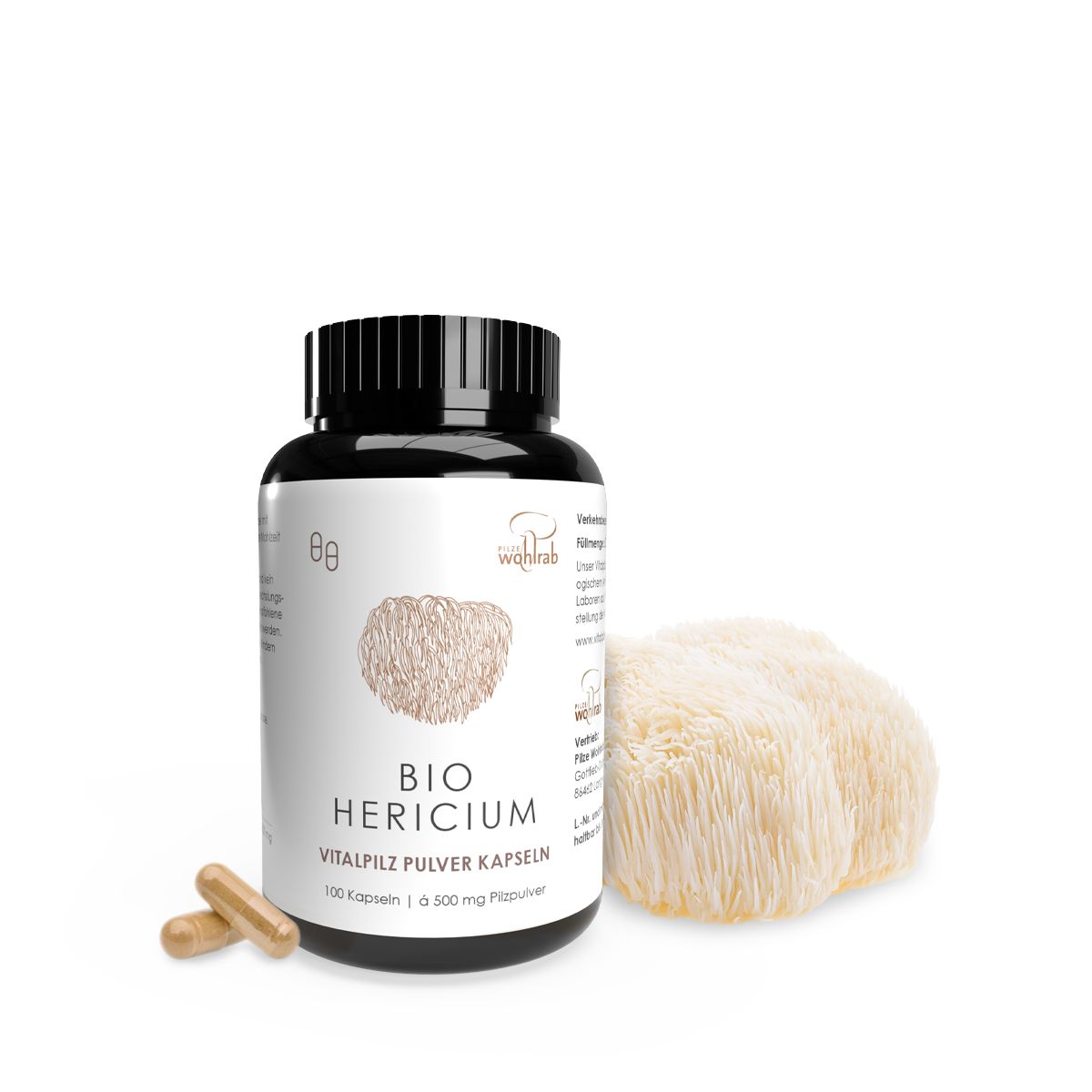 Braune Kapseln neben einer schwarzen Flasche mit Etikett und zwei Pilzen. Aufschrift: BIO Hericium Vitalpilz Pulverkapseln.