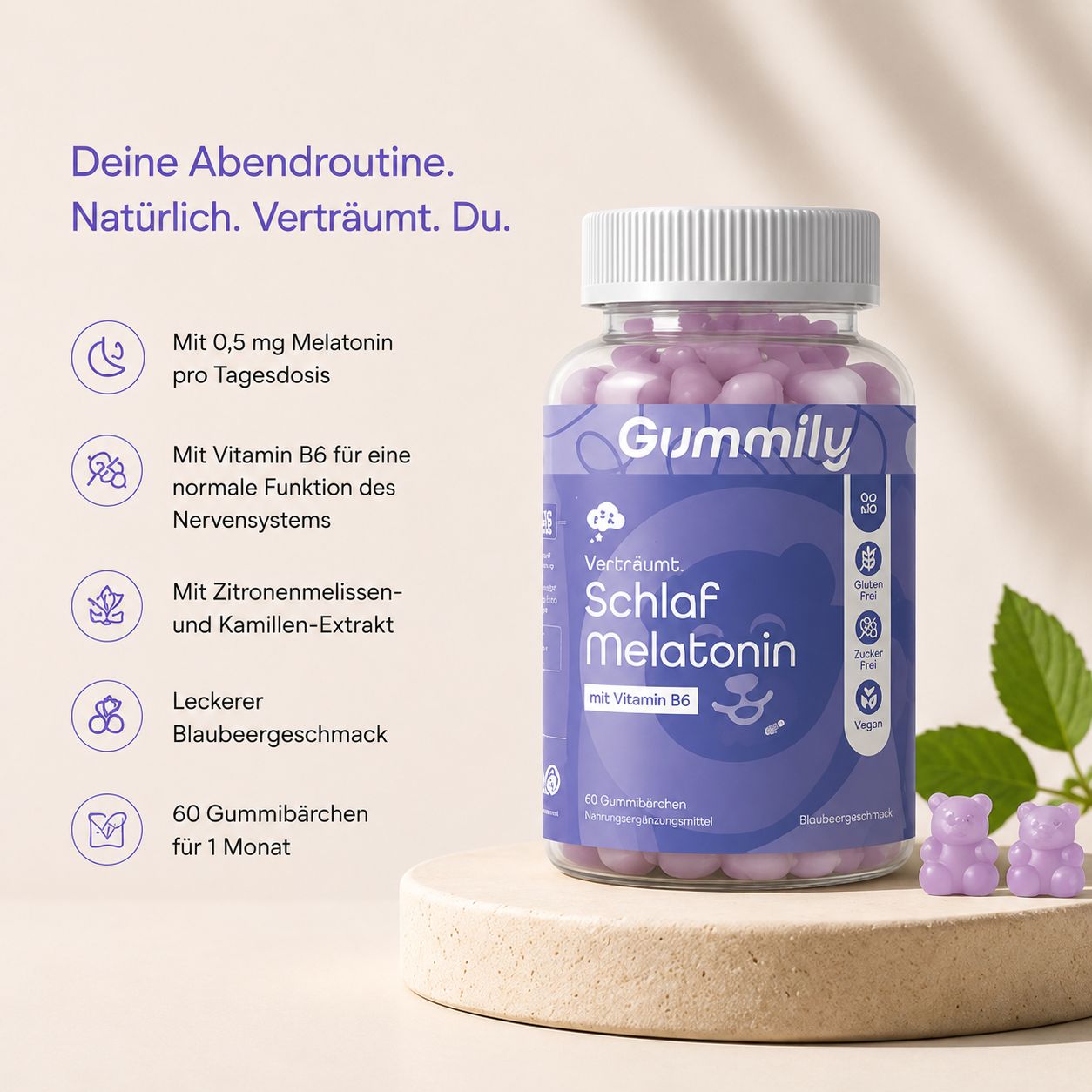 Ein Glas Gummibärchen steht auf einem Podest. Liste mit Inhaltsstoffen und Icons für 60 Gummibärchen für 1 Monat.
