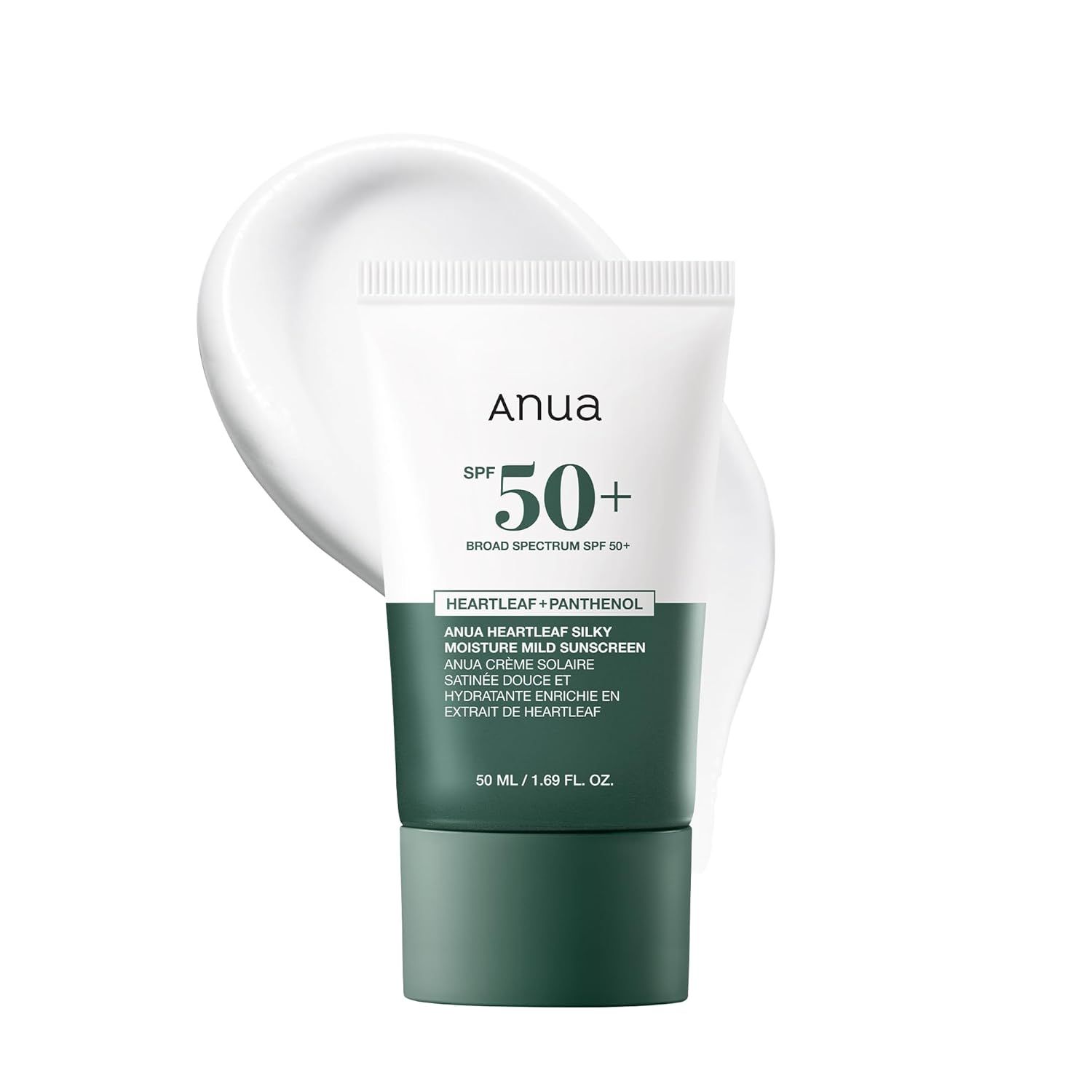 Weiße Tube mit grünem Deckel. Aufschrift: Anua, SPF 50+, Heartleaf Silky Moisture Mild Sunscreen. Produktprobe.