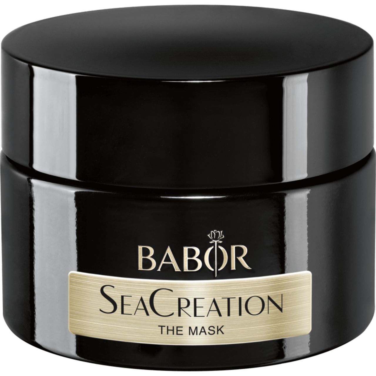 Schwarzer Tiegel mit Deckel. Aufkleber mit "BABOR SeaCreation THE MASK".