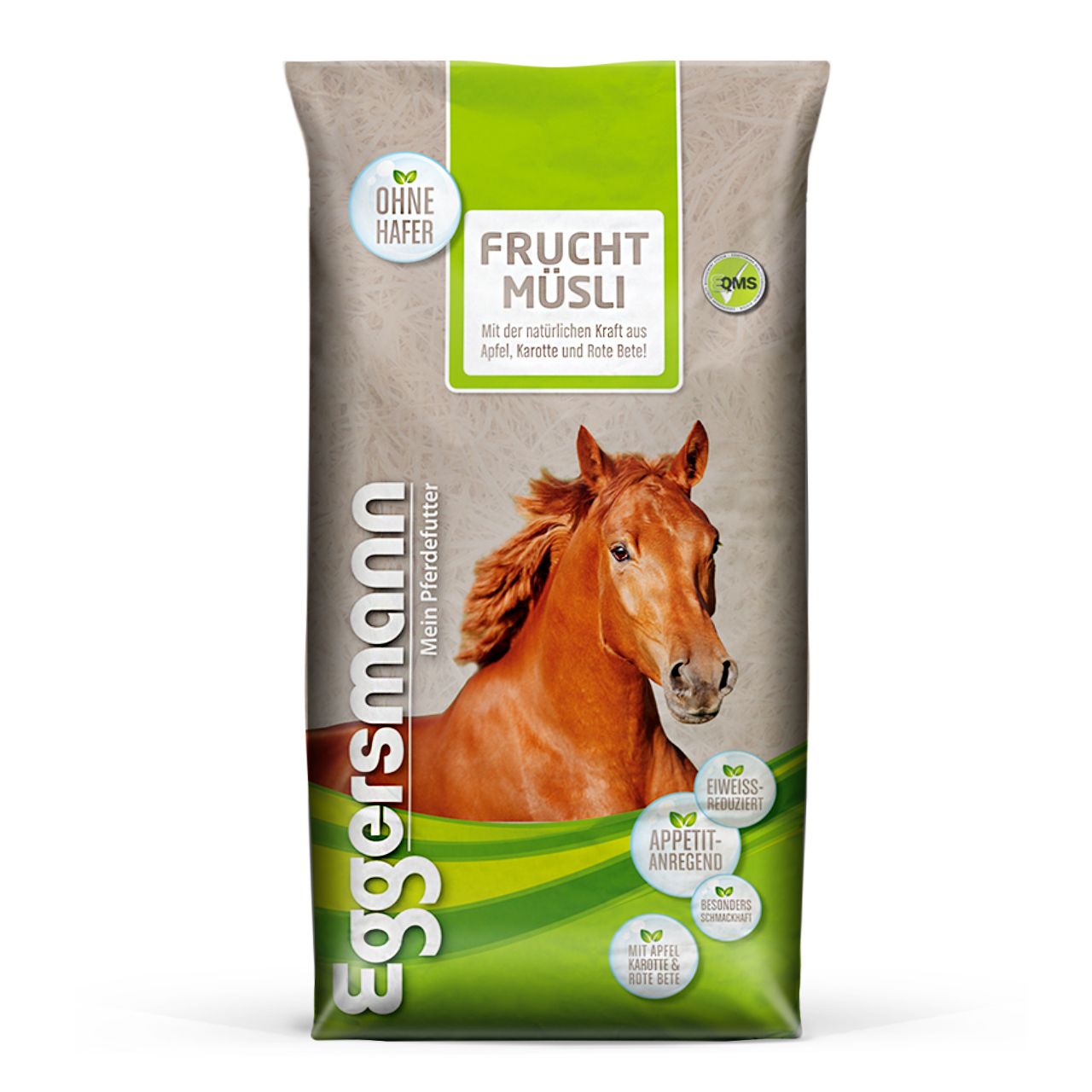 Beutel EGGERSMANN Frucht Müsli. Grün-beige Verpackung mit Pferd. Text: Ohne Hafer, Frucht Müsli, Mein Pferdefutter.