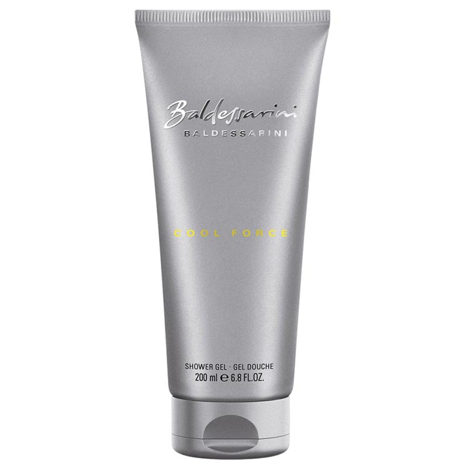 Graue Tube Baldessarini Cool Force Duschgel. Schriftzug in Silber. Unten: 200 ml e 6.8 fl.oz.