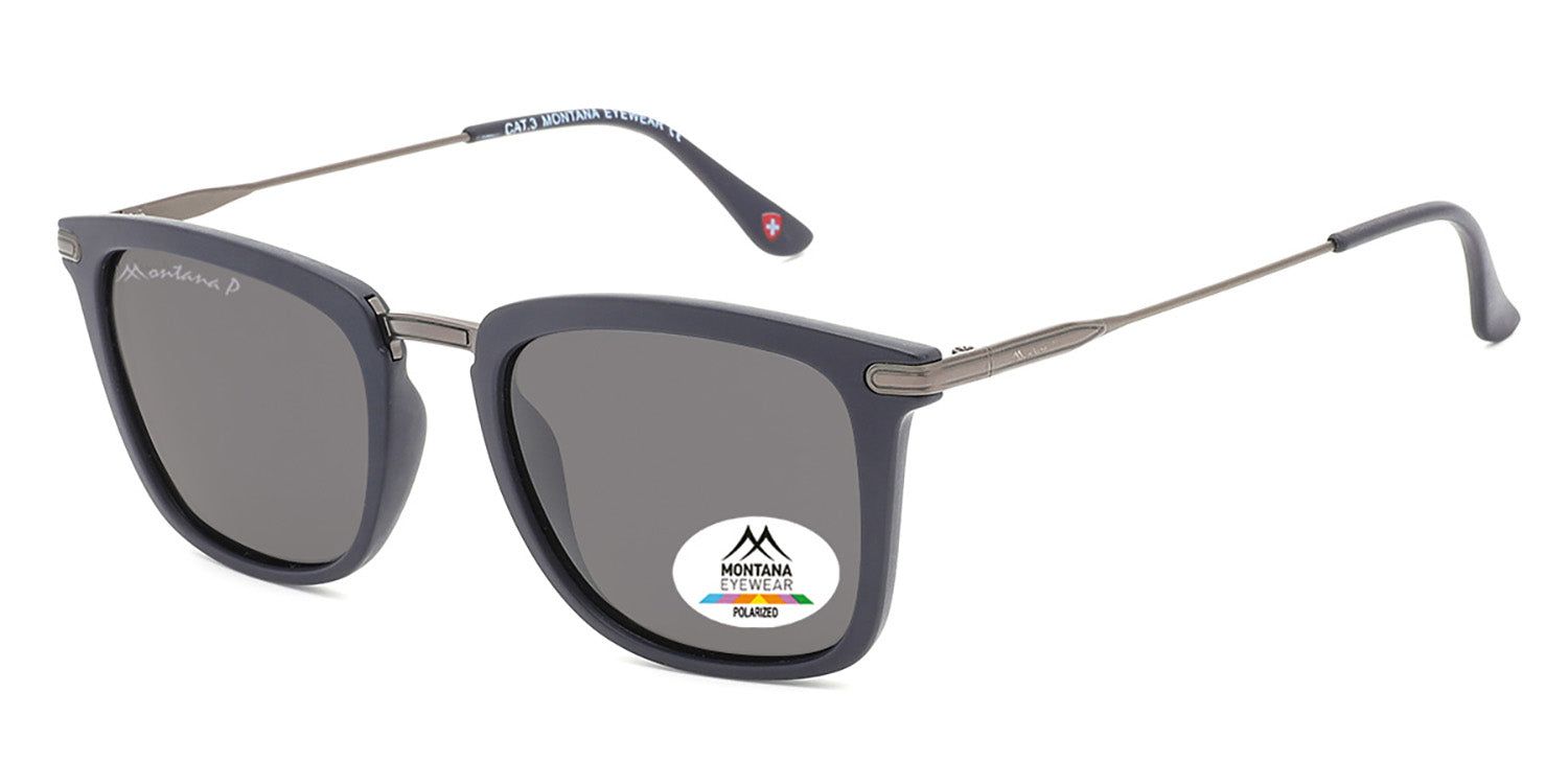 Sonnenbrille, dunkelblau, graue Gläser. Montana Eyewear Logo und Polarized-Aufkleber. Metallbügel und -details.