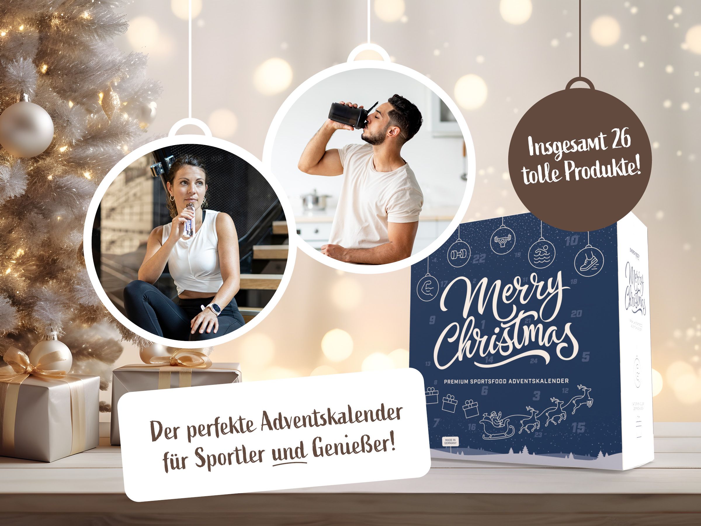 Adventskalender mit zwei Personen. Aufschrift: Der perfekte Adventskalender für Sportler und Genießer! Insgesamt 26 tolle Produkte!