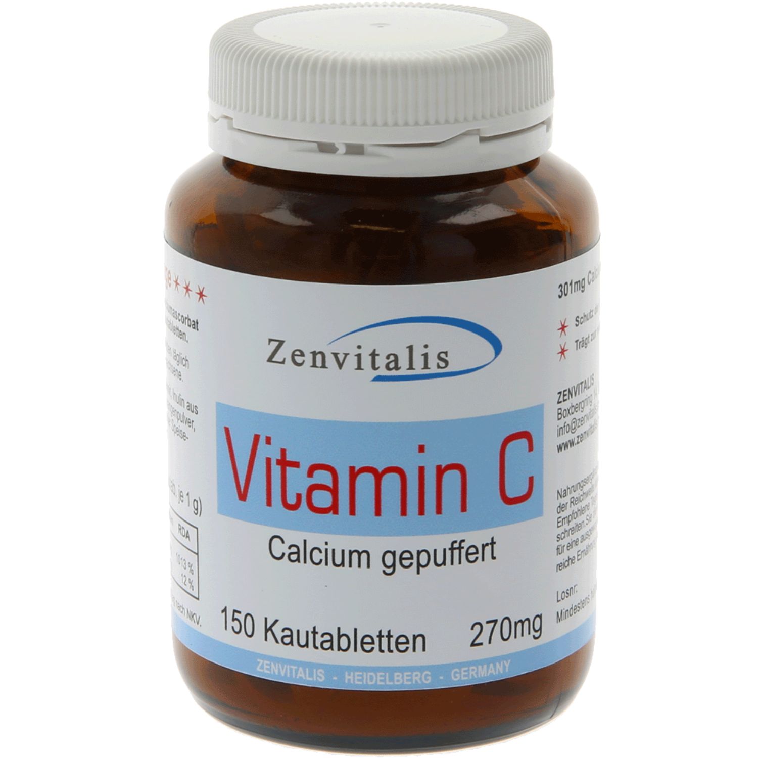 Braunglas-Dose mit weißem Deckel. Etikett mit Produktnamen, Vitamin C, Calcium gepuffert, 150 Kautabletten, 270mg Vitamin C.