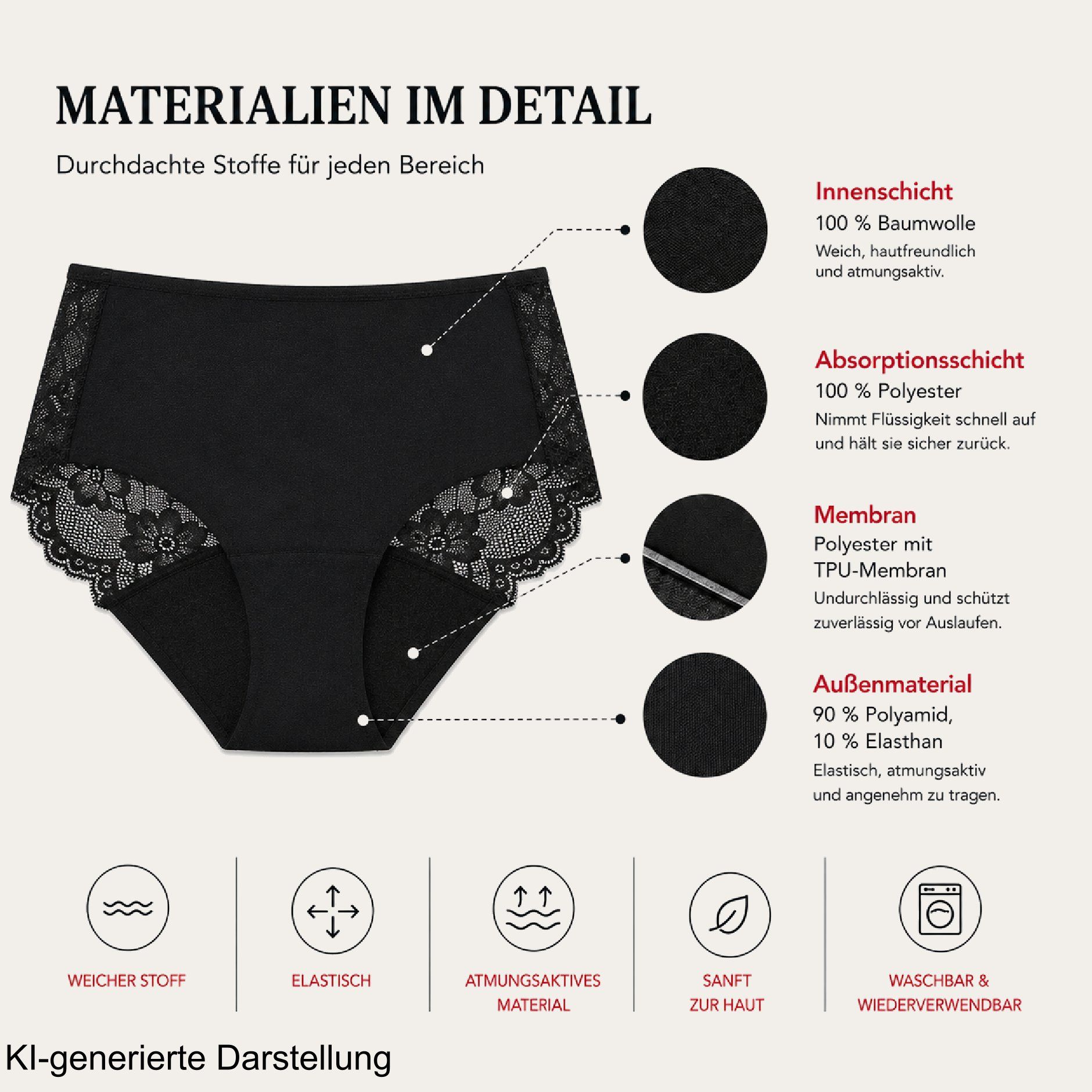 Schwarze Periodenunterhose mit seitlicher Spitze, Materialdetails und Tragekomfort-Symbolen.