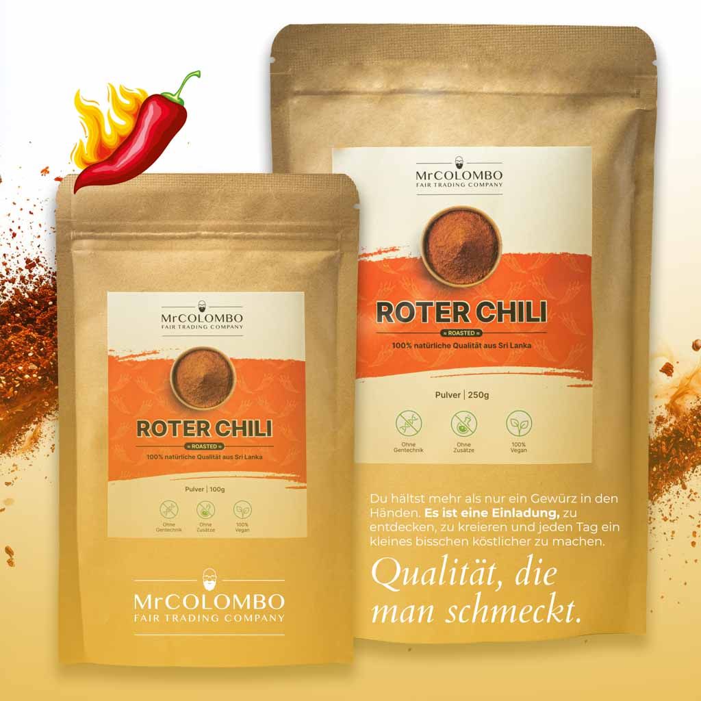 Zwei braune Beutel mit MrCOLOMBO Rotes Chili Pulver. Aufdruck: Roter Chili, Pulver, 100% natürliche Qualität aus Sri Lanka. Logos: Vegan, ohne Gentechnik, ohne Zusätze.