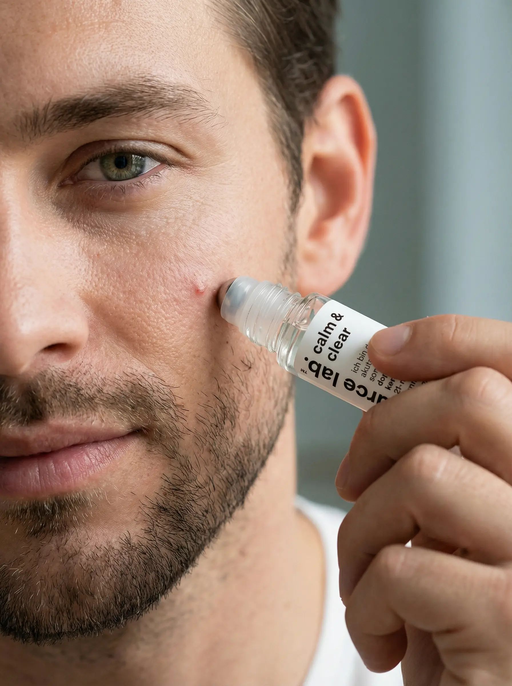 Mann mit Bart hält Flasche mit Roll-on-Applikator. Auf Gesicht aufgetragen. Beschriftung: the source lab. calm & clear.