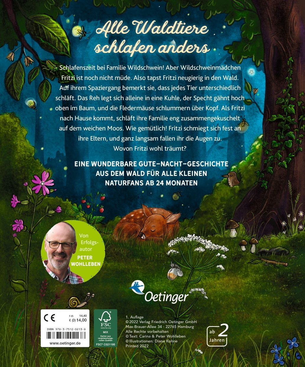 Buchrückseite: Text "Alle Waldtiere schlafen anders". Autor Peter Wohlleben. Illustration: Reh im Wald.