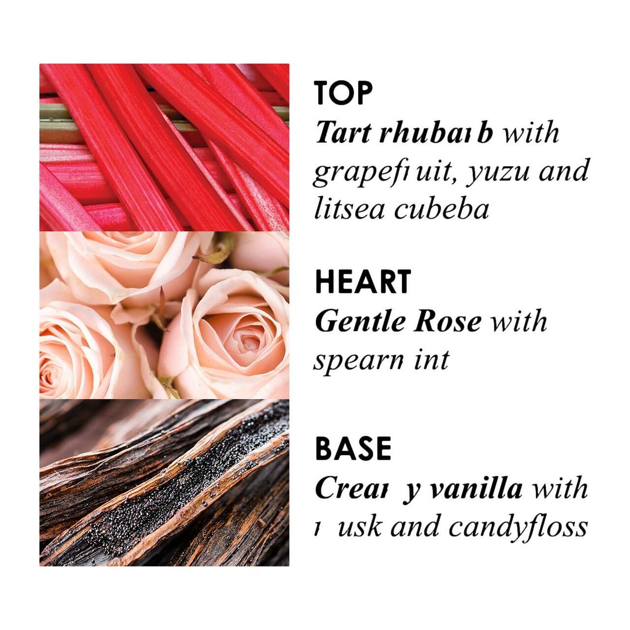 Text mit Zutaten. Rhabarber, Grapefruit, Yuzu, Rose, Vanille. Auf weißem Hintergrund. Text in drei Abschnitten.
