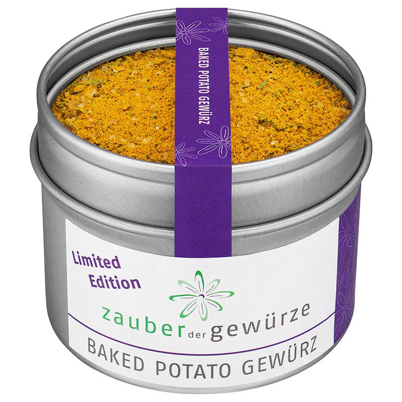 Runde Dose mit Zauber der Gewürze Baked Potato Gewürz. Lila Band mit Schriftzug. Weißes Etikett mit Logo und Schriftzug.