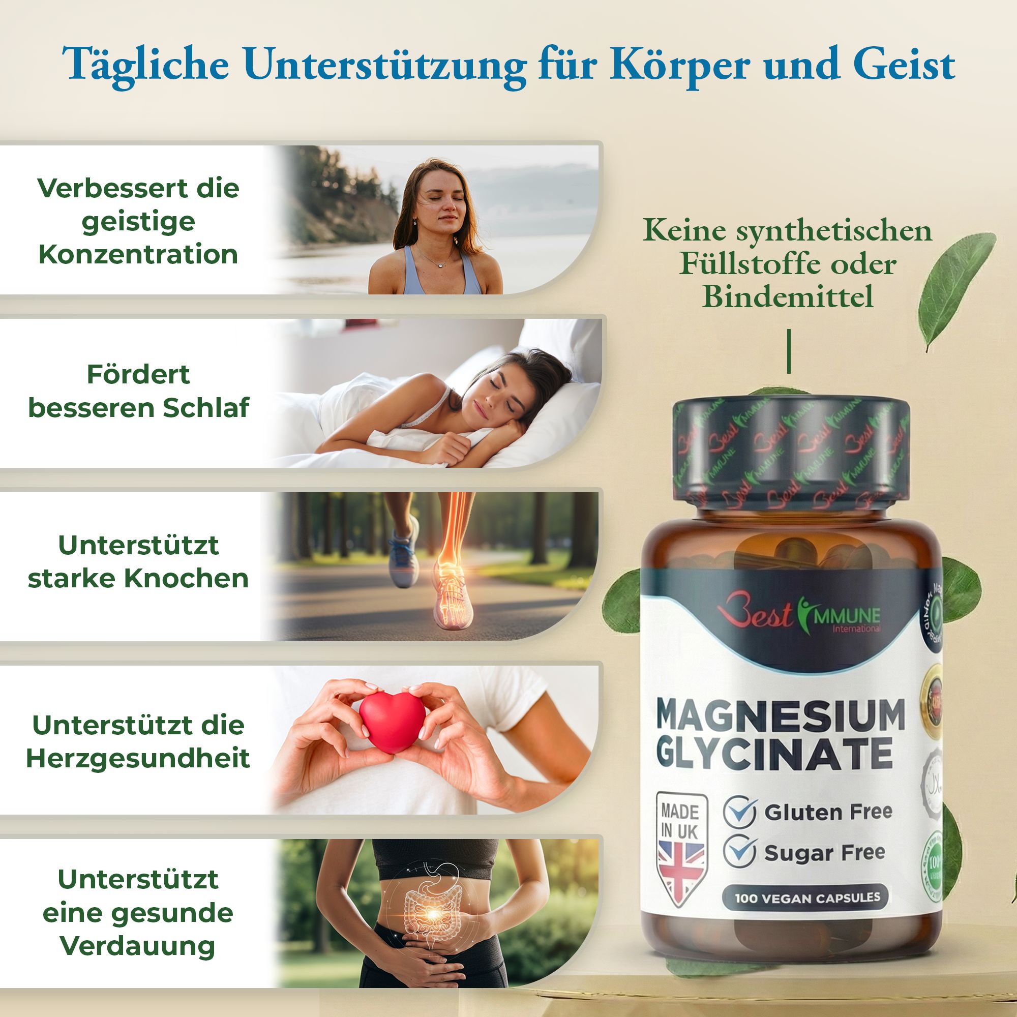 Flasche Magnesiumglycinat, umgeben von Darstellungen für Konzentration, Schlaf, Knochen, Herz und Verdauung.