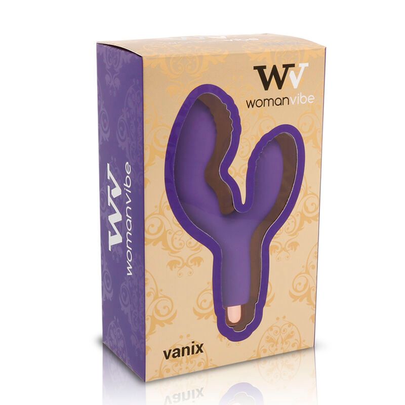 Verpackung mit Sichtfenster. Innen: lila Vibrator. Auf der Verpackung: "Womanvibe" und "vanix".