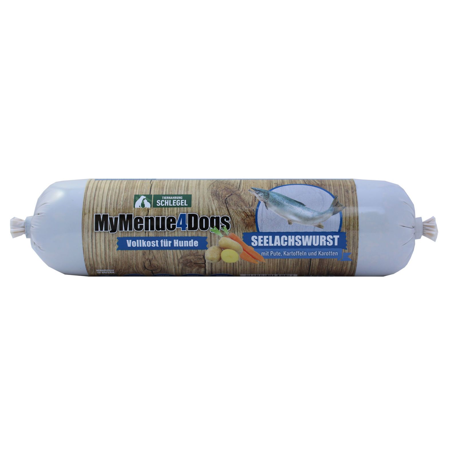 Wurst in zylindrischer Verpackung. Aufdruck mit Logo, Produktname und Illustrationen von Fisch, Gemüse. Text: Seelachswurst.
