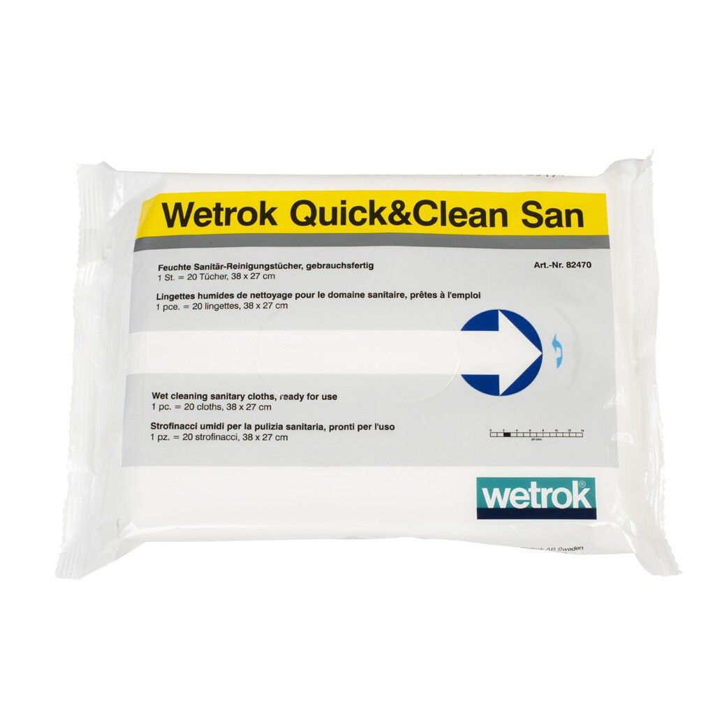 Weiße Verpackung mit Produktnamen Wetrok Quick&Clean San. Text in Deutsch, Französisch, Italienisch und Englisch. Pfeil-Logo.