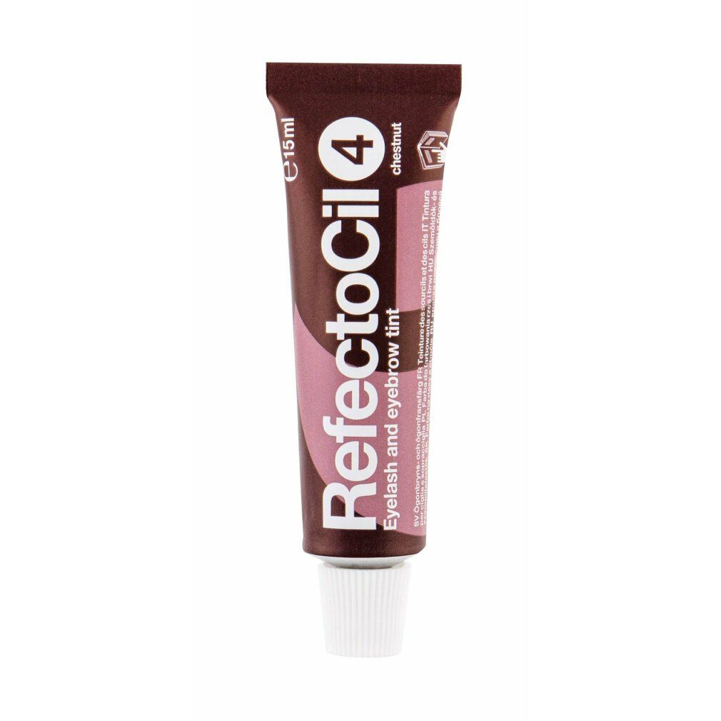 Braune Tube mit weißem Verschluss. Aufschrift: RefectoCil 4, Kastanie. Augenbrauen- & Wimpernfarbe.