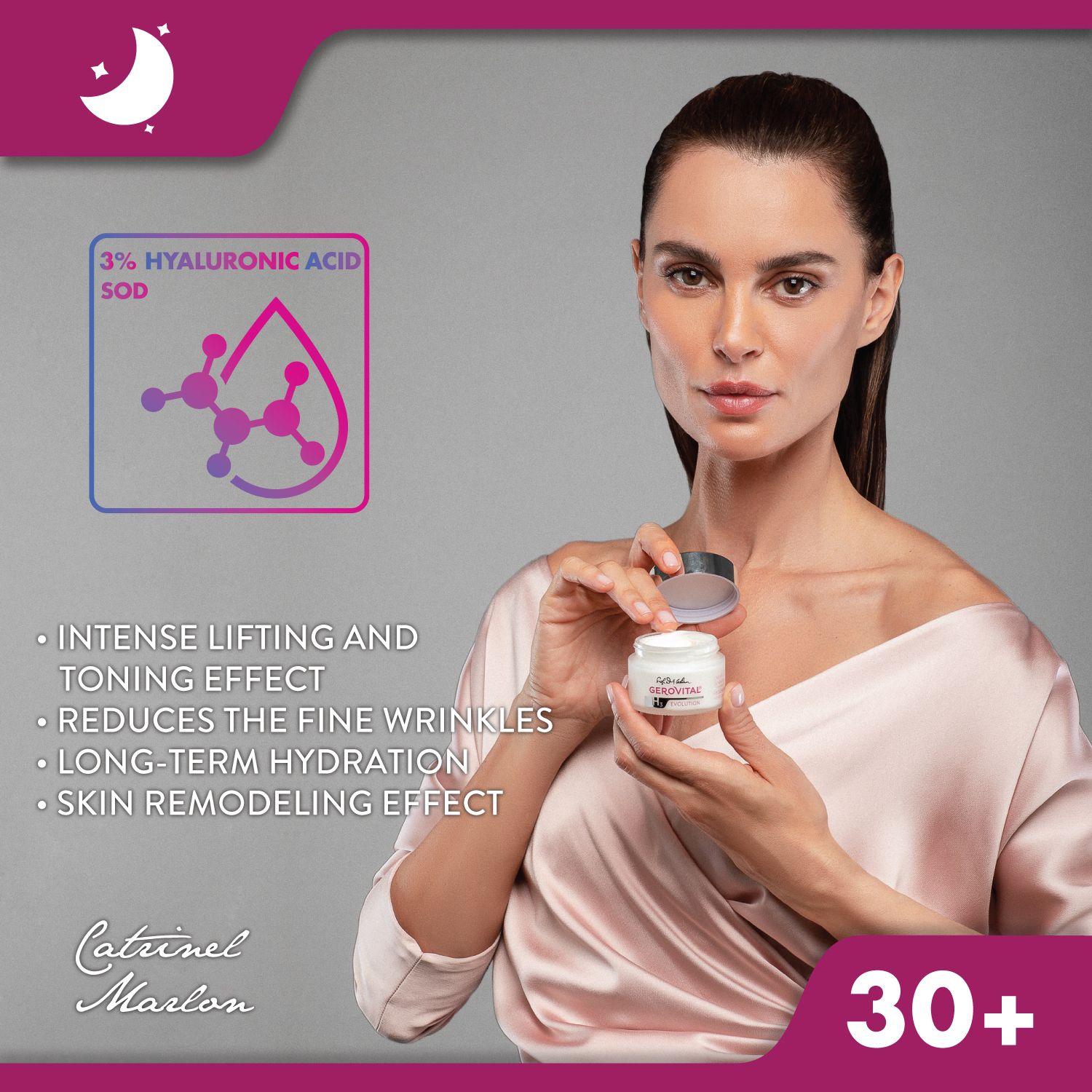 Frau hält einen Creme-Tiegel. Text: 3% Hyaluronsäure. Intense Lifting und Straffung. Reduziert Falten. 30+.