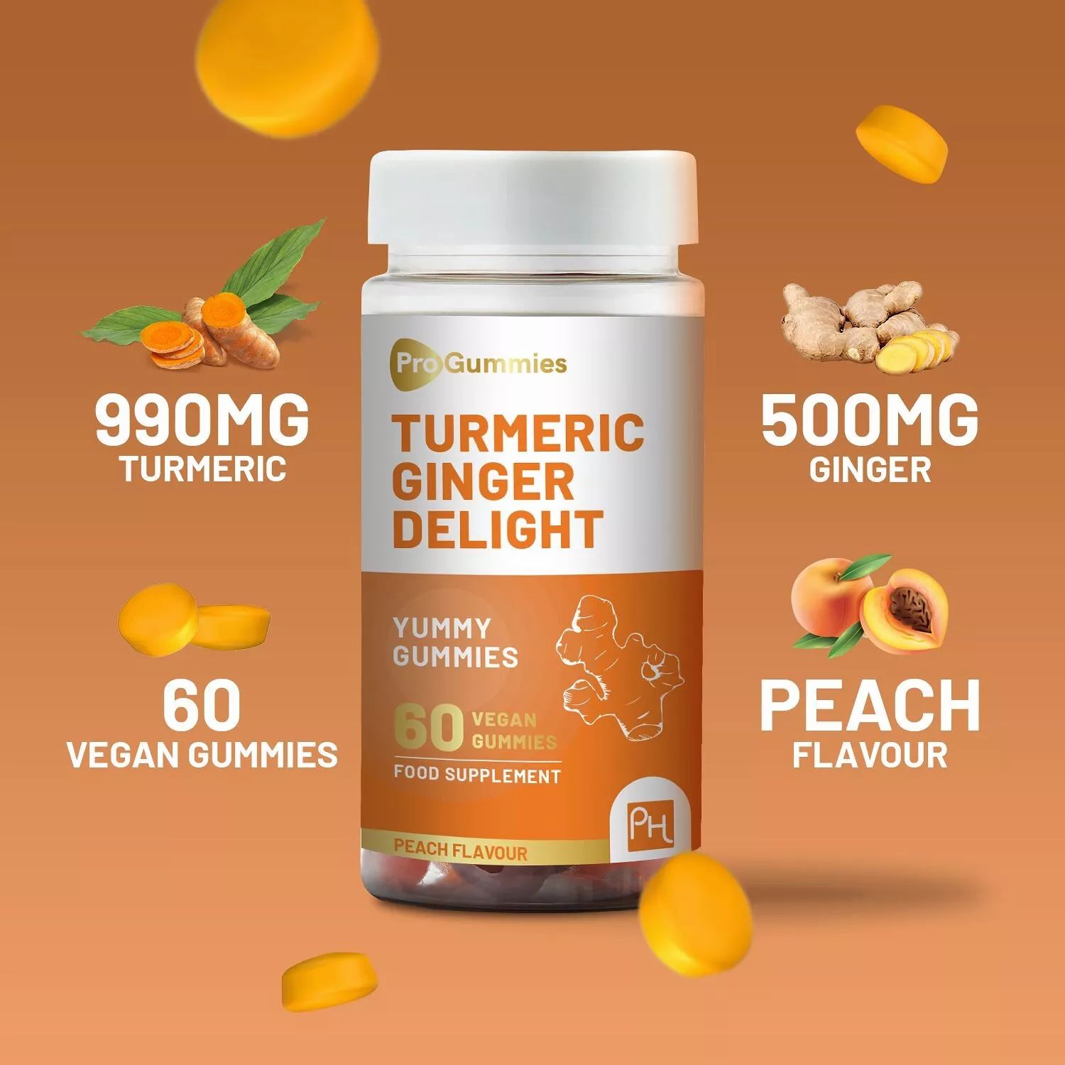 Eine Dose mit Kurkuma-Ingwer-Gummis. Aufschrift: Turmeric Ginger Delight, 60 vegane Gummis. Pfirsich-Geschmack. Zutaten und Nährwertangaben.